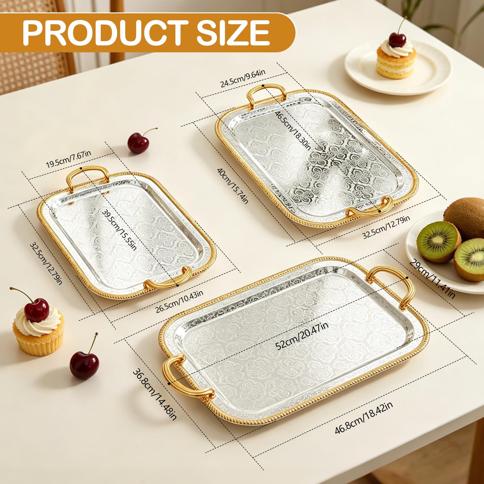 Bandeja Rectangular de Acero Inoxidable, 3 Piezas Bandeja para Servir Alimentos Fuente De Servir con Asas Plato De Comida para Fiesta Camping Barbacoa Compromiso Servicio Decorativo