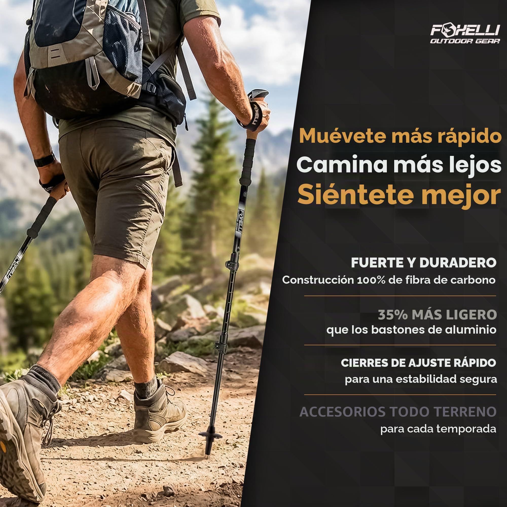 Foxelli Bastones de Senderismo de Fibra de Carbono – Bastones de Senderismo Plegables Ligeros, Bastones de Senderismo Que absorben los Golpes con agarres de Corcho Natural, cerraduras abatibles,
