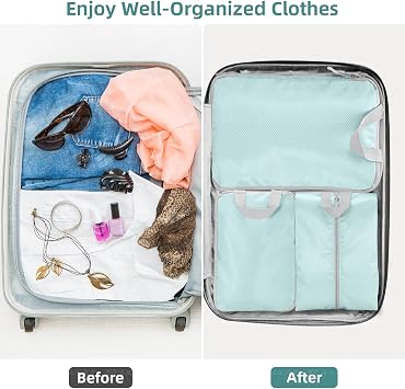 Compression Packing Cubes, Travel Storage Bag Set - Organizer Bags for Suitcase & Carry On Luggage (Blue, 7 Pieces)
