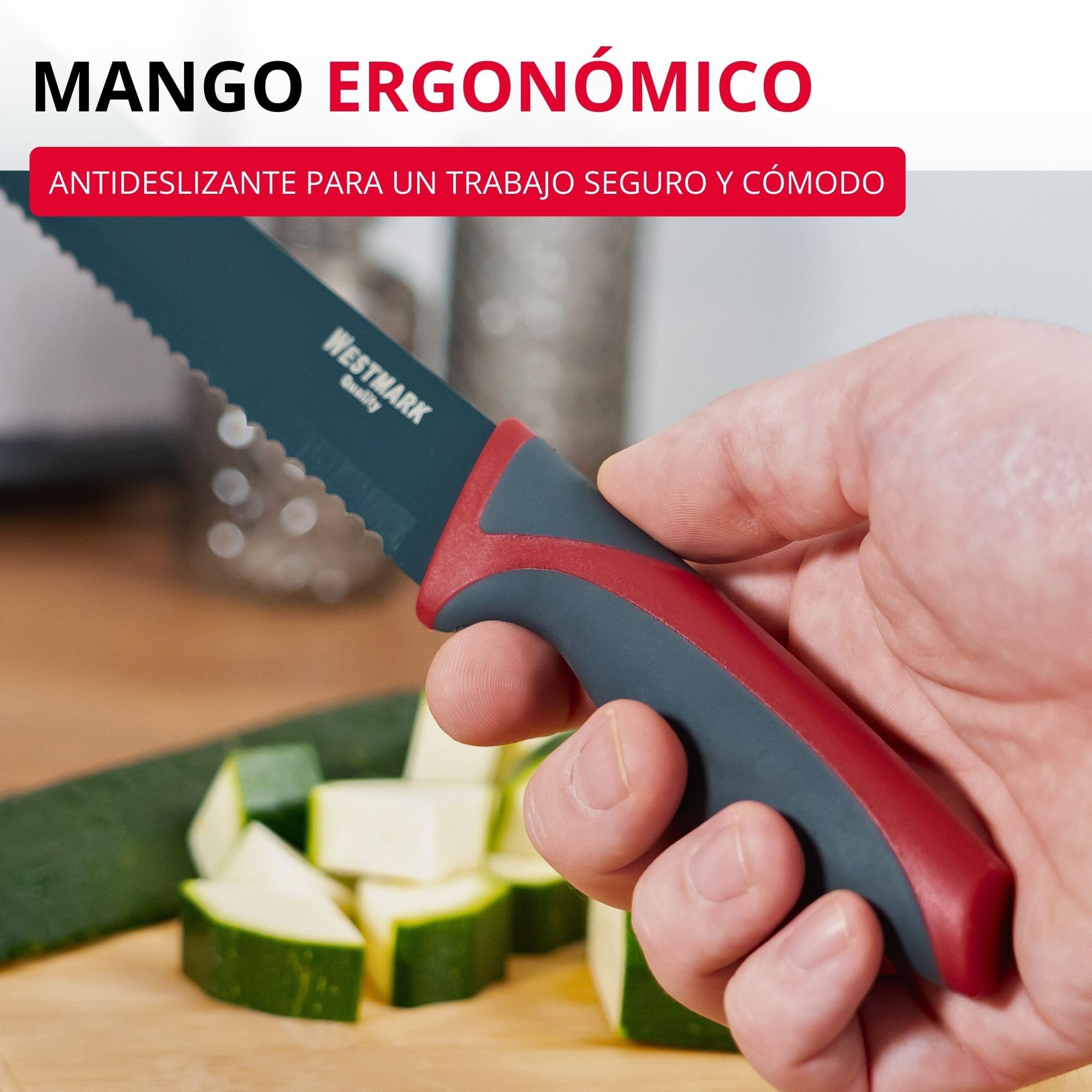 Westmark Cuchillo para pan, Con hoja dentada larga, Longitud de la hoja: 20 cm, Con protección de la hoja, Acero inoxidable/plástico, Antracita/rojo, 14552280