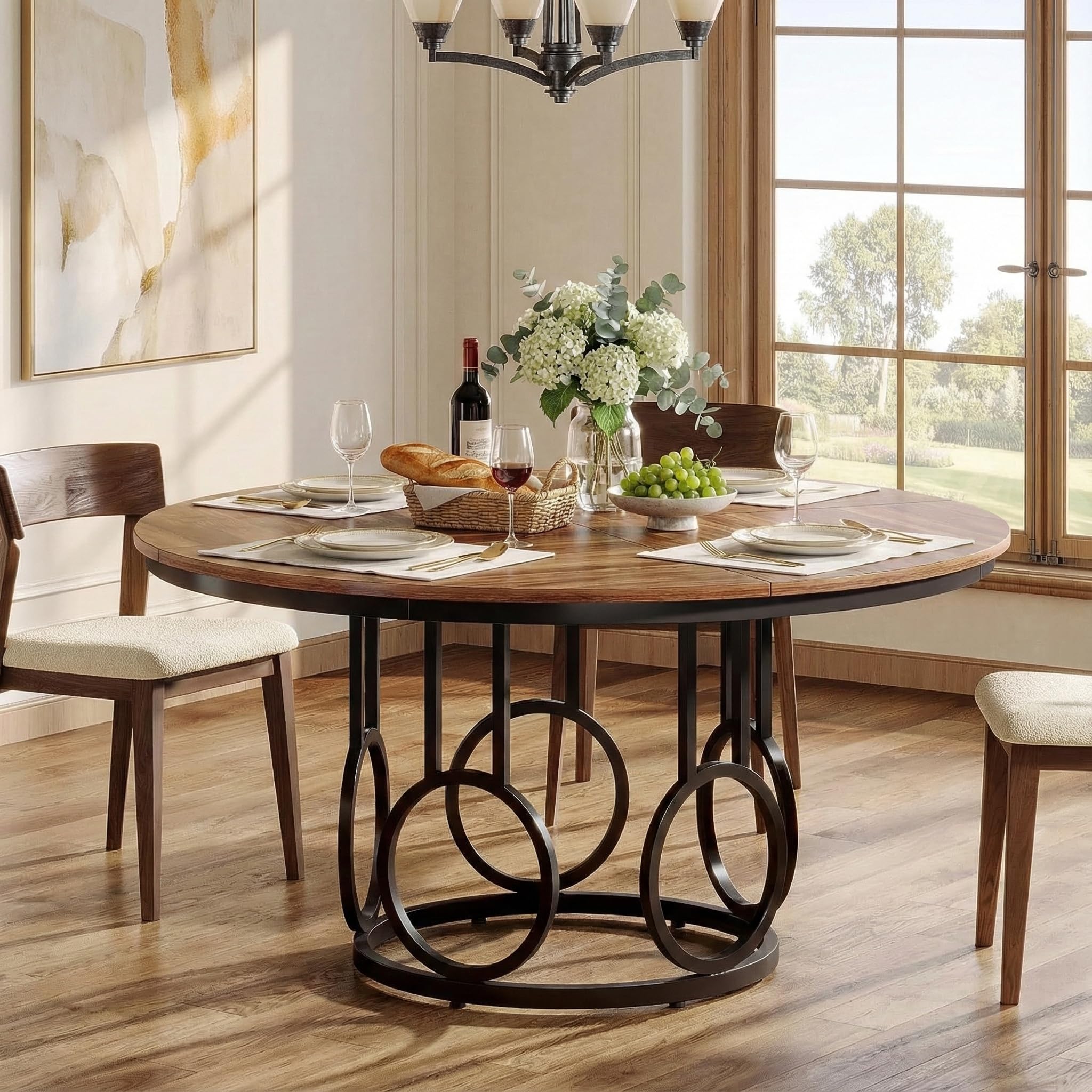 Lailang 120cm Mesa Comedor, Mesa Cocina Redonda, Mesa de Jantar Redonda, Muebles Rusticos, Mesa Redonda para 4 Personas, Mesa Comedor 120, 120 x 120 x 75 cm, Brown & Black