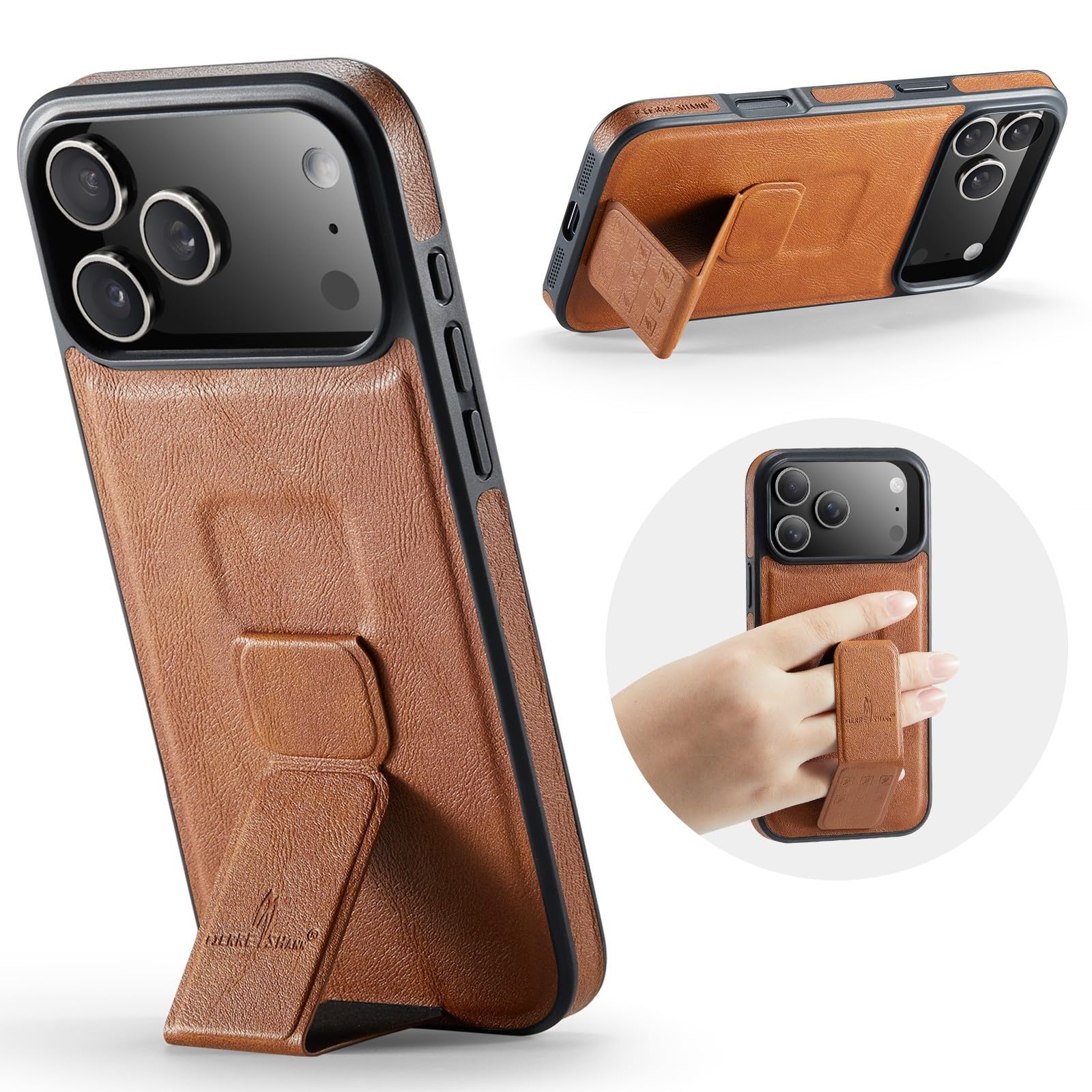 Generic Funda compatible con iPhone 17 (color: marrón) con correa de mano de piel y silicona