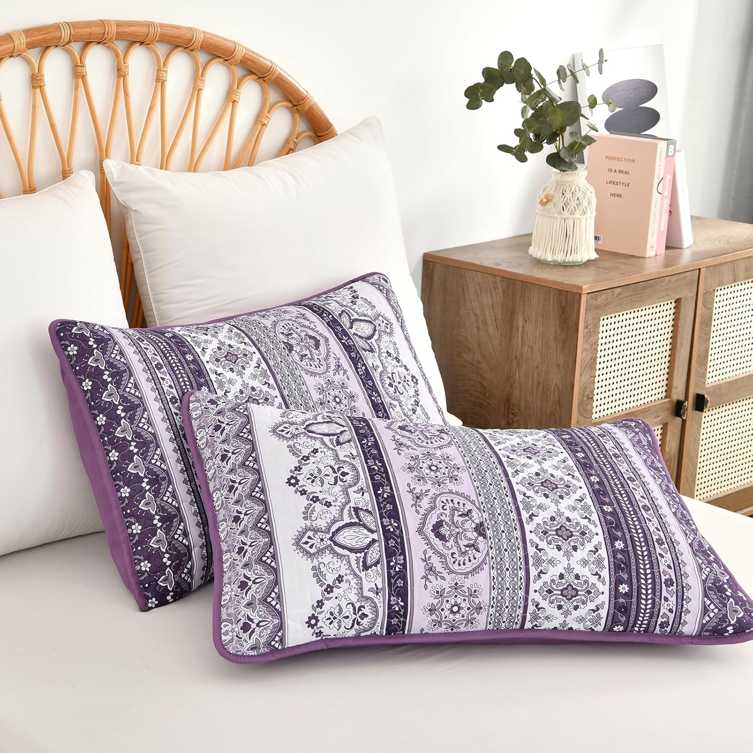 WONGS BEDDING Boho Quilt Set Queen Size, Bohemian Purple 3 Pieces Quilts Bedspread Set Stripe Lightweight Microfiber All Season Bedding Coverlet Set for Queen Bed (96"x90") - Image 7