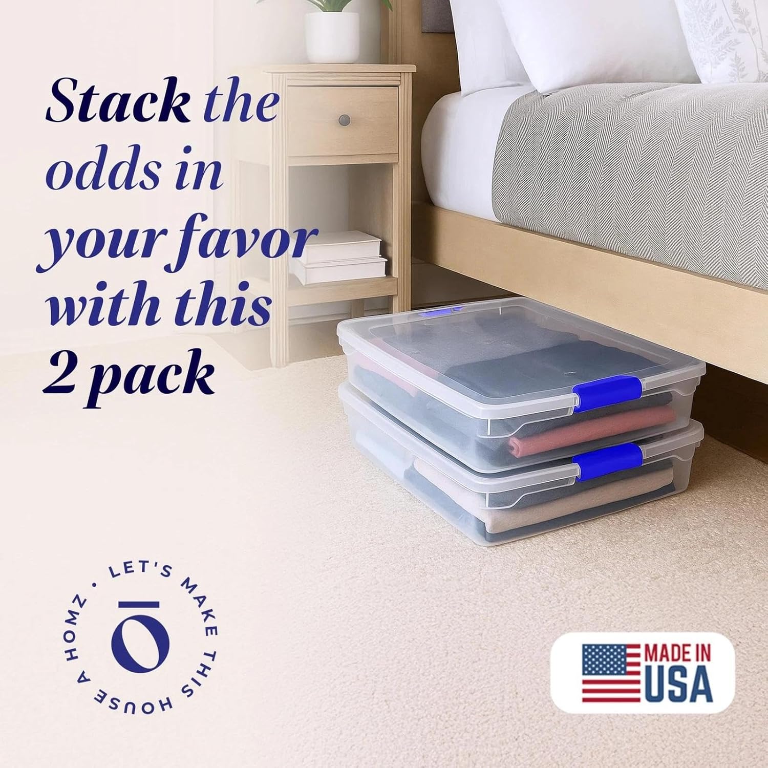 for Homz 56 Qt Blue Storage Bins Clear Plastic Underbed Containers for Organization