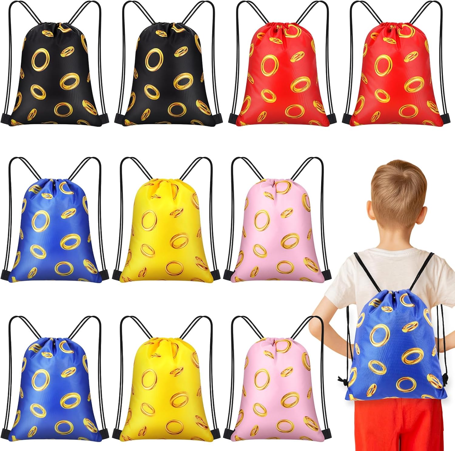 16 Pcs Gold Ring Party Favors Drawstring Bags Video Game Goodie Bags Candy Treat Backpack Decoration for Kids Gamer Birthday Party Supplies Gifts (Multicolor)