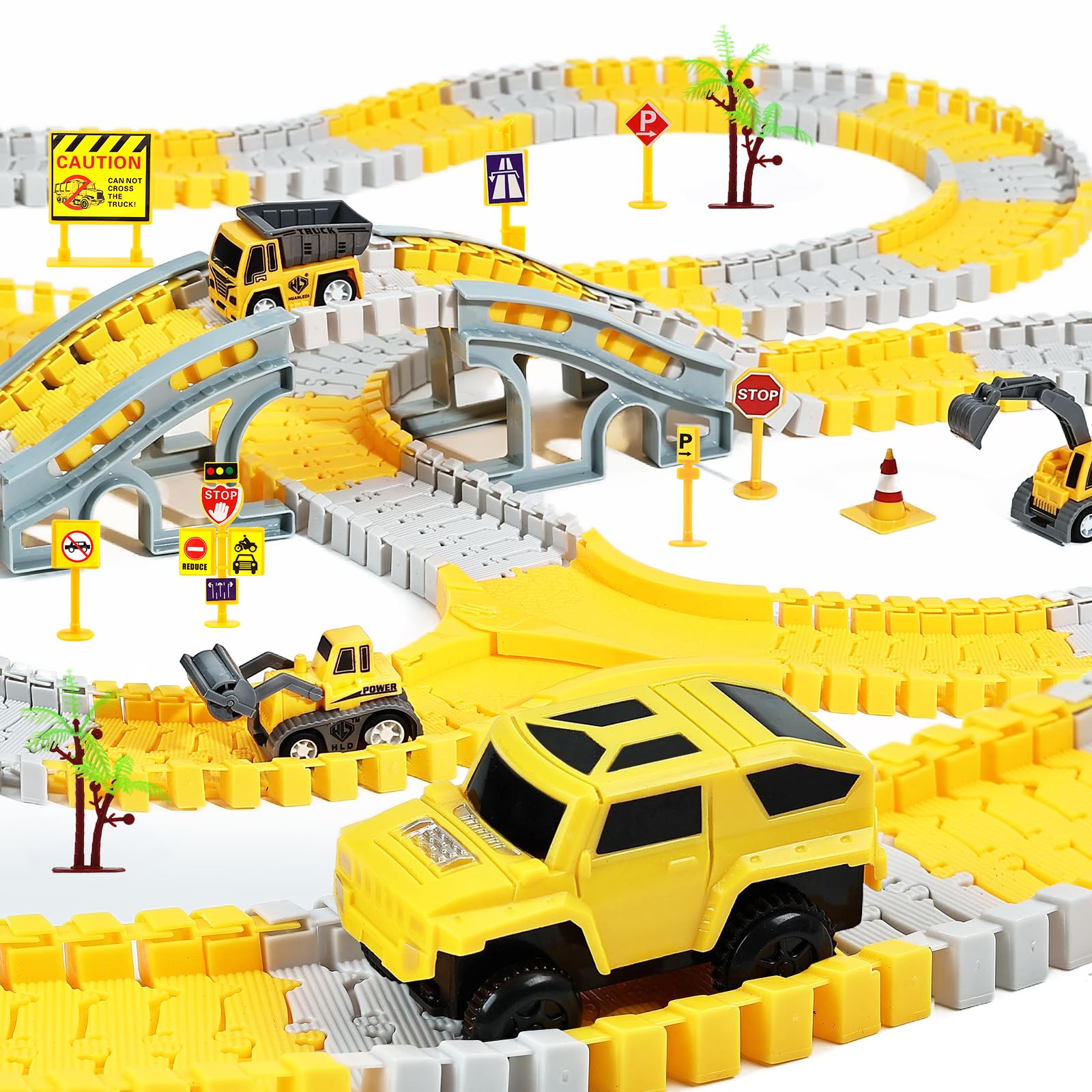 BBLIKE 255 PCS Construction Race Tracks Toy for 3 4 5 6 7 Age Year Old Boys Girls, 3 Trucks 1 Race Cars and Flexible DIY Track Set Create A Engineering Road Games Presents Toddler Toys Birthday Gifts
