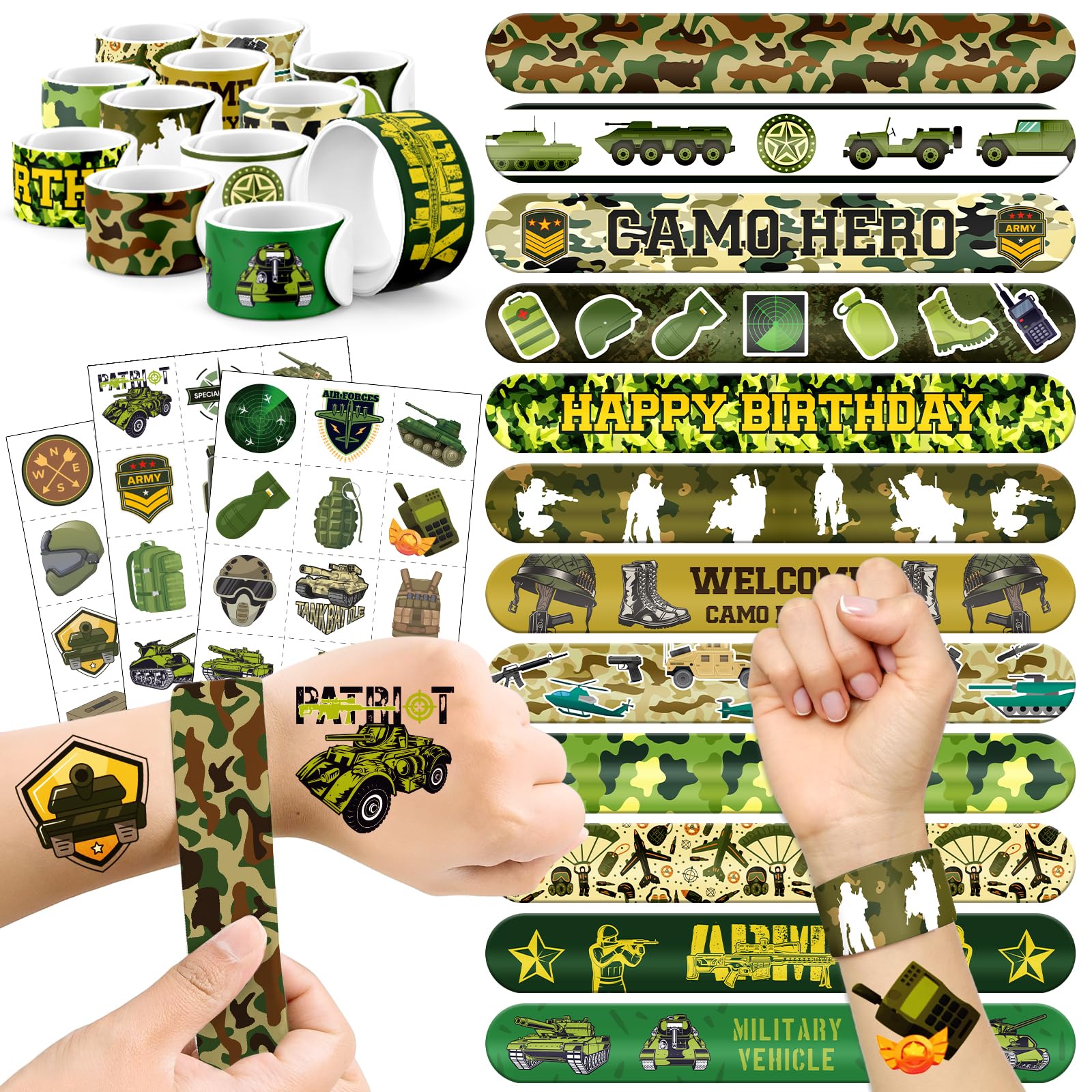 60 PCS Army Party Favors Set - 36 Temporary Tattoos & 24 Slap Bracelets for Kids, Perfect for Army-Themed Birthday Supplies, Classroom Rewards and