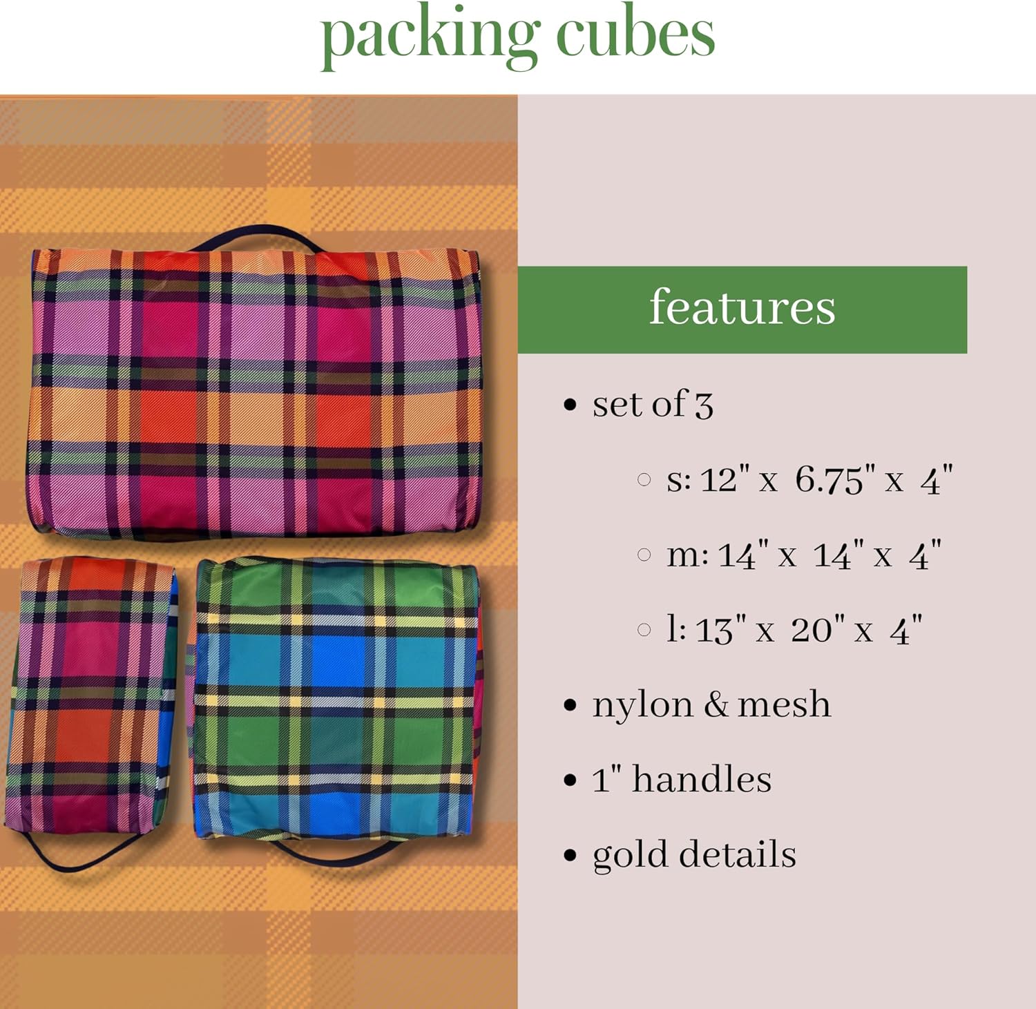 Kate Spade New York Set of 3 Packing Cubes for Suitcase, Travel Organizers Small, Medium, Large with Handles, Grand Plaid Duo - Image 2