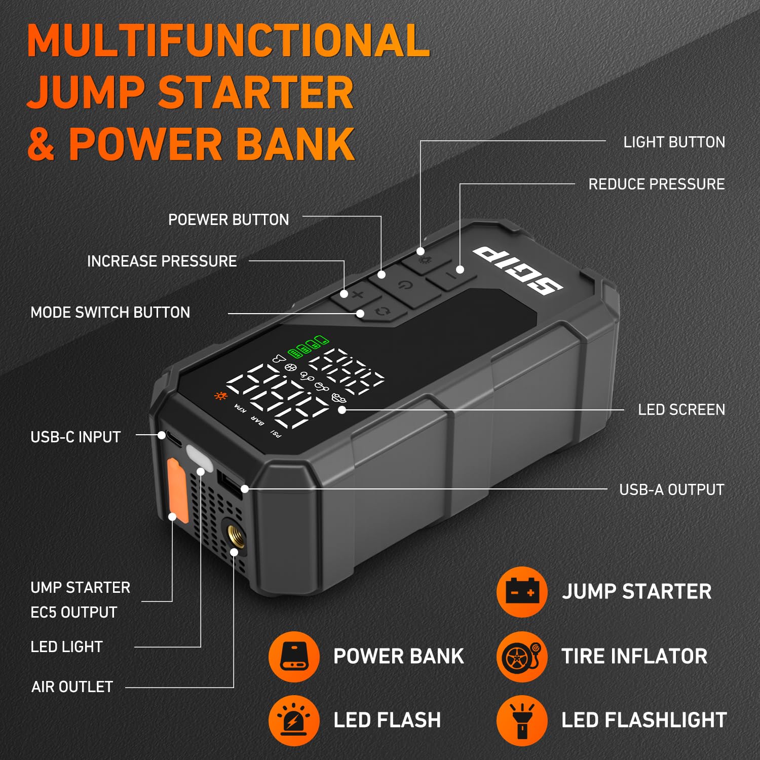 7000A Car Jump Starter Powerbank mit 150PSI Kompressor | 26800mAh, 9L Benzin/8L Diesel. Reifenfüller, LED, intelligente Kabel. Auto Starthilfe Powerbank für PKW