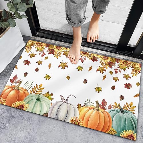 Bath Rugs Entrance Non Slip Front Door Mat Thanksgiving Maple Leaf Pumpkin Sunflower on White Kitchen Carpets Harvest Floor Mats for Bathroom