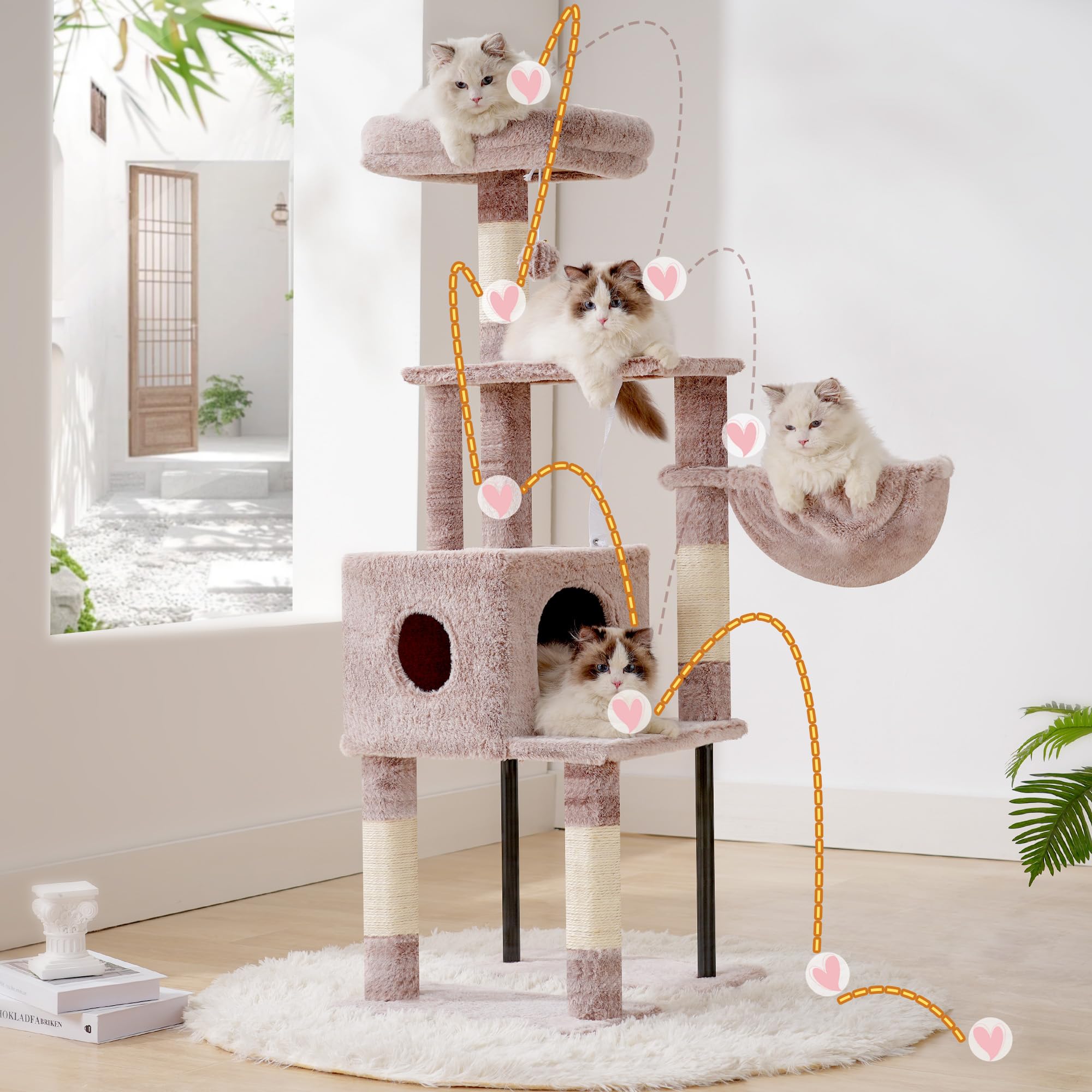 Heybly Arbre À Chat, 125 Cm Petit Arbre avec Niche, Plateforme Douce, Griffoir en Sisal, Panier Et Structure en Acier Robuste, Marron Beige HCT200SMU