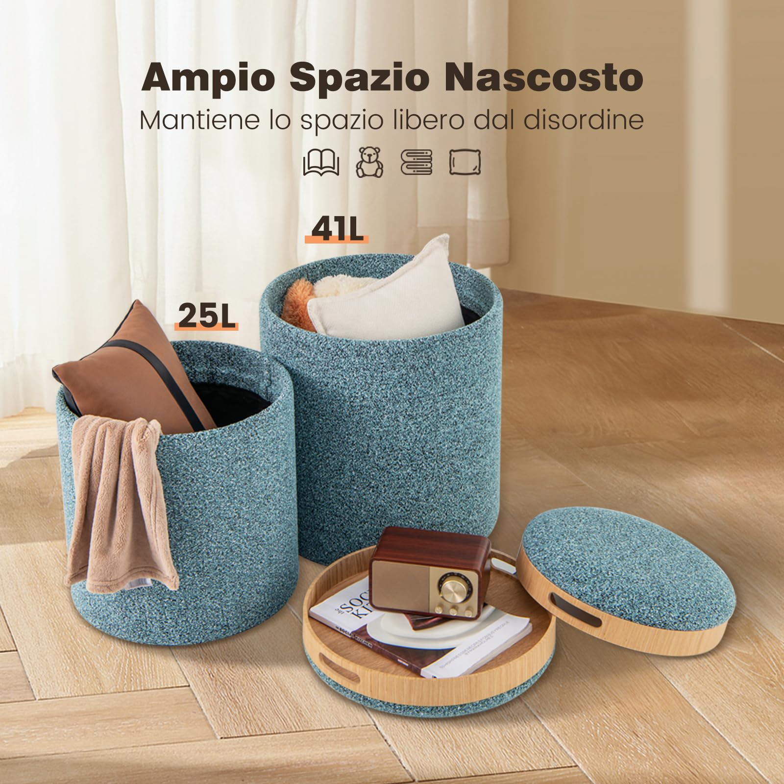 COSTWAY Set di 2 Pouf Contenitore, Pouf Rotondi Imbottiti da 41L+25L, con Vassoio Reversibile, Sgabello Contenitore Multifunzionale per Soggiorno, Camera da Letto, Portata 160 kg