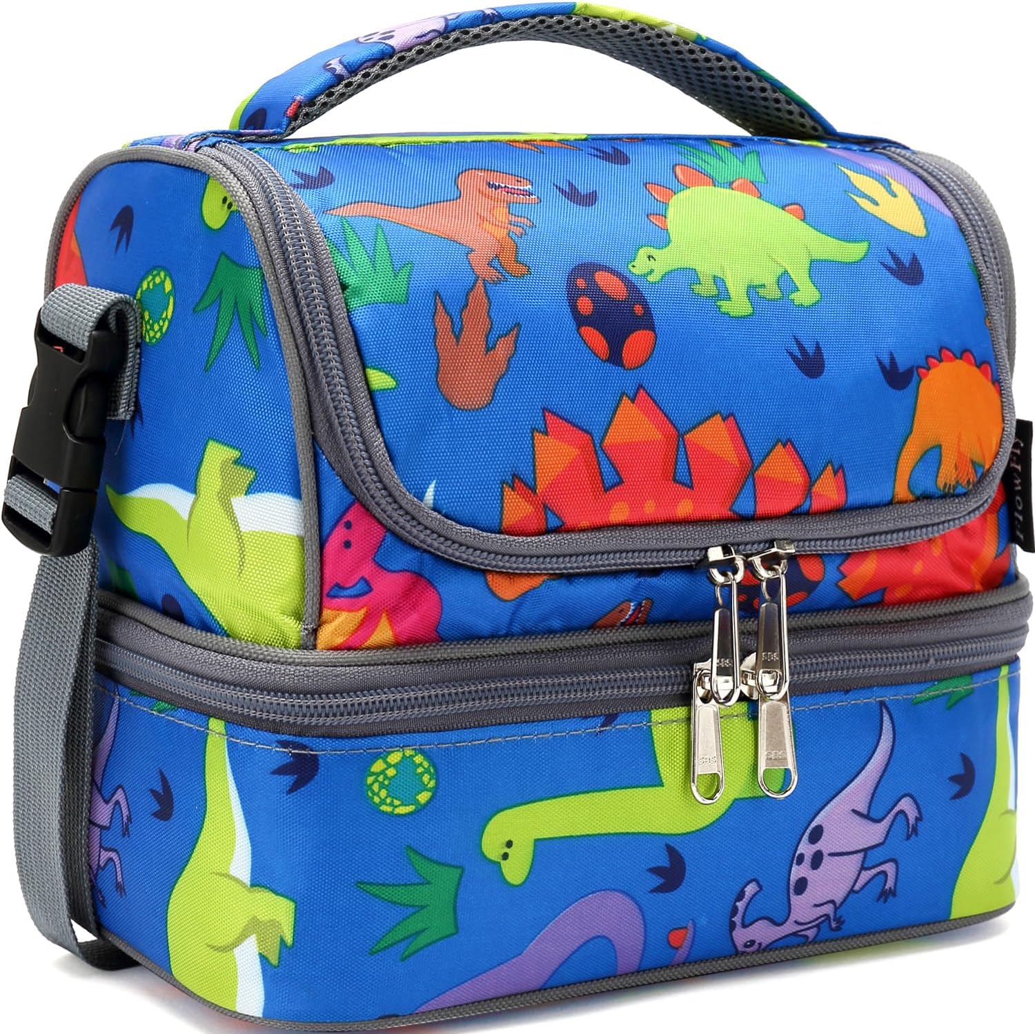 FlowFly Kids Double Decker Cooler Insulated Lunch Bag Large Tote for Boys, Girls, Men, Women, With Adjustable Strap, Dinosaur