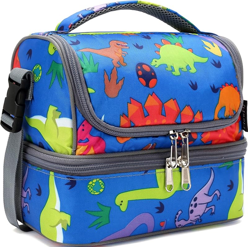 Kids Double Decker Cooler Insulated Lunch Bag Large Tote for Boys, Girls, Men, Women, With Adjustable Strap, Dinosaur