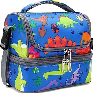 FlowFly Kids Double Decker Cooler Insulated Lunch Bag Large Tote for Boys, Girls, Men, Women, With Adjustable Strap, Dinosaur