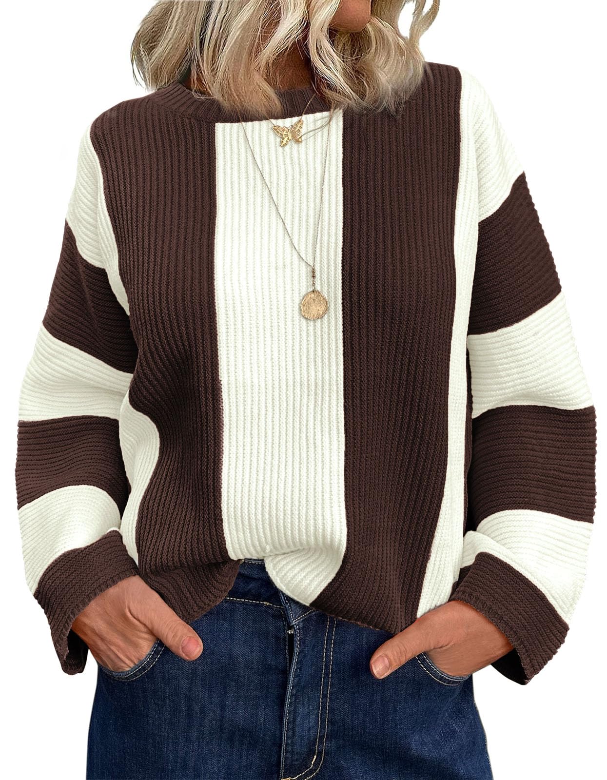 Saodimallsu Womens Striped Color Block Sweaters Fall Crew Neck Long Sleeve Ribbed Knit Casual Loose Pullover Sweater
