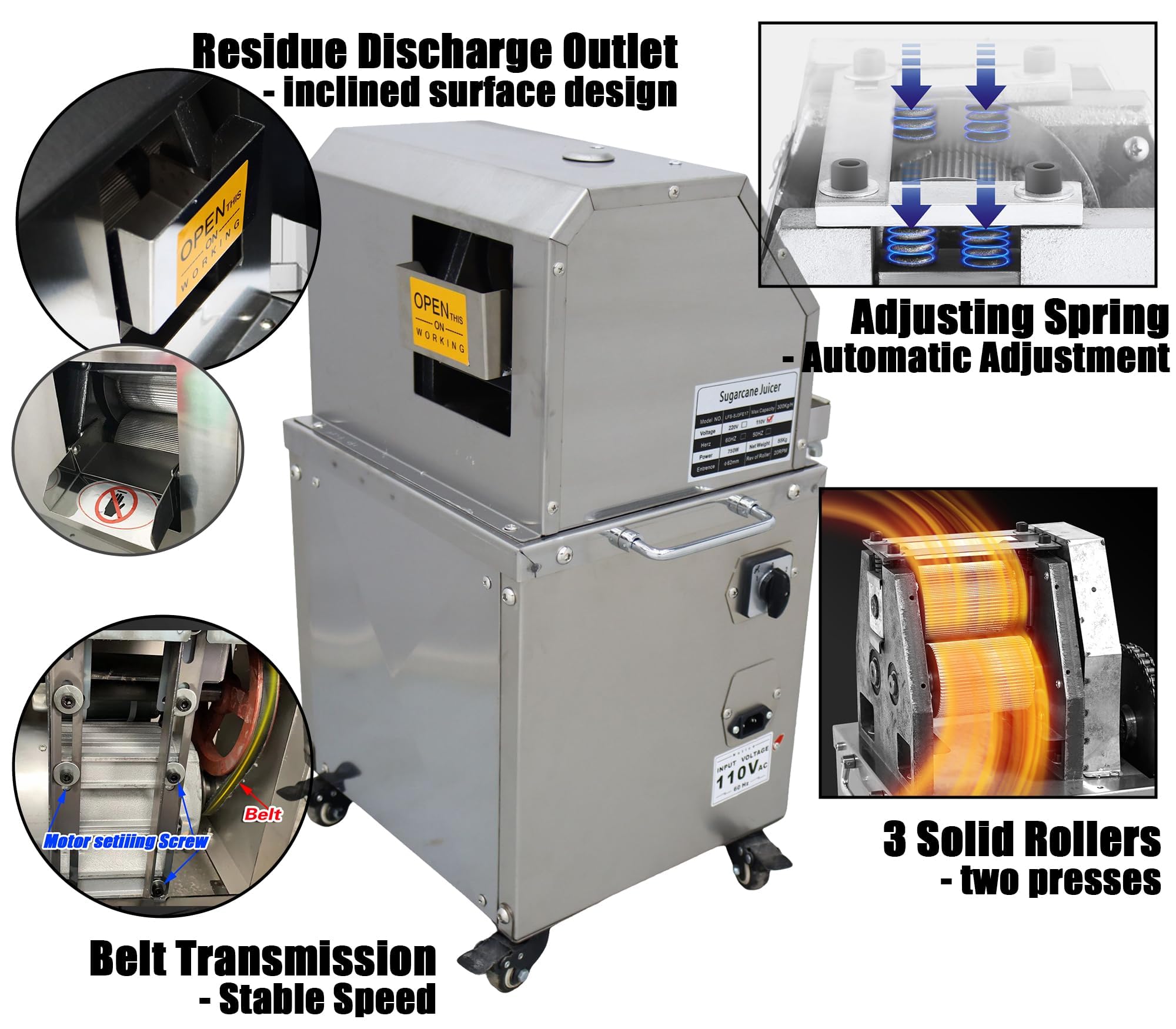 Exprimidor eléctrico de caña de azúcar, máquina comercial de prensa de caña de azúcar, 800 W/110 V, 3 rodillos de acero inoxidable, salida de 661 lb/h, extractor de jugo de caña de azúcar 6