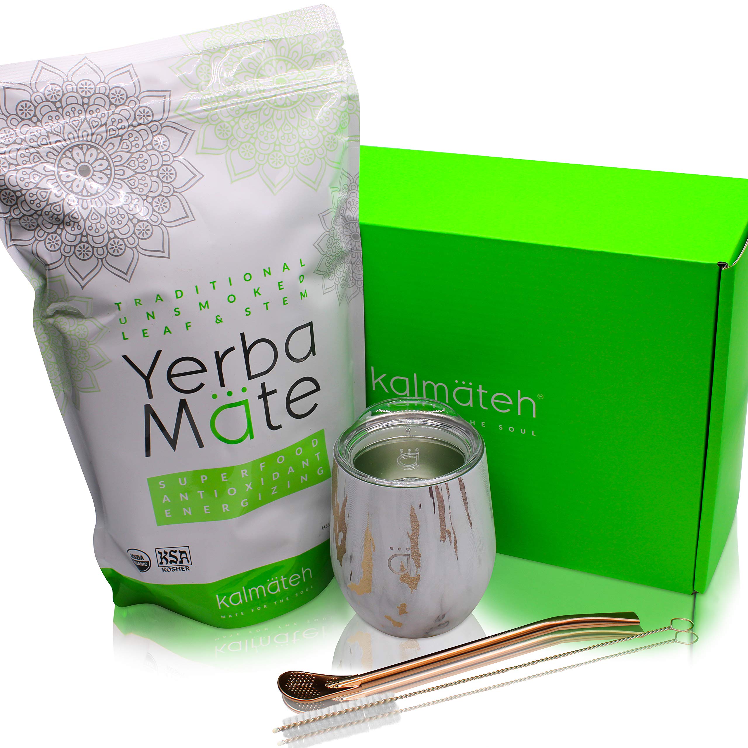 Kalmateh Yerba Mate Starter Set– Modern 8 oz Double Walled Stainless Steel Mate Cup with BPA Free Lid, Bombilla/Bombilla Cleaner & Organic Unsmoked Yerba Mate (1lb) (Gold Marble)