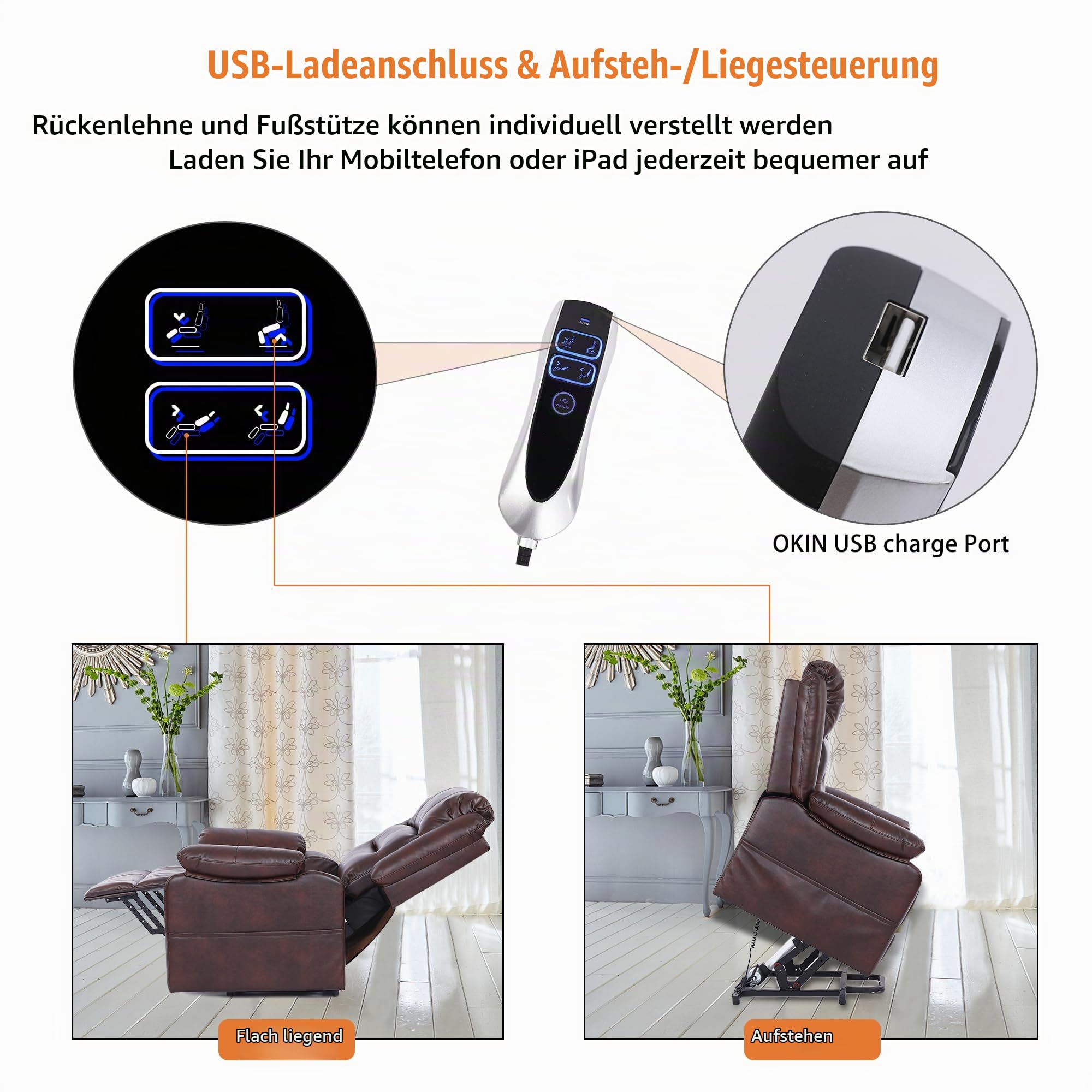 S*MAX Fernsehsessel elektrisch verstellbar 2 Motoren fernsehsessel mit aufstehhilfe elektrisch Sessel mit Aufstehhilfe Seniorensessel Liegefunktion VollluftLeder Fernbedienung Large Braun