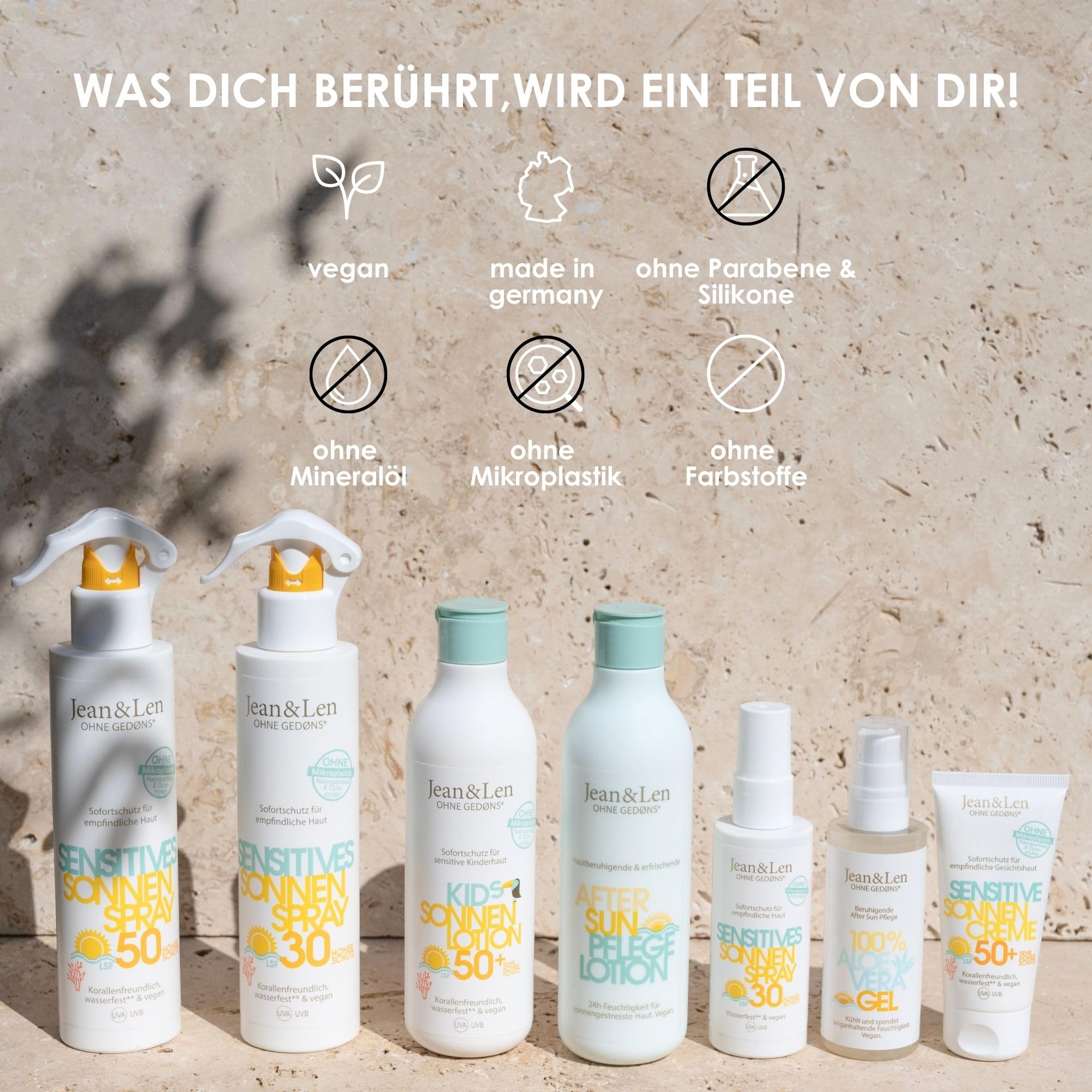 Jean & Len Sensitive Kids Sonnen Lotion LSF 50+, Sofortschutz für sensitive Kinderhaut, für empfindliche Kinderhaut ab 6 Monate, Korallenfreundlich, Sonnencreme Kinder, ohne Octocrylen, vegan, 250 ml