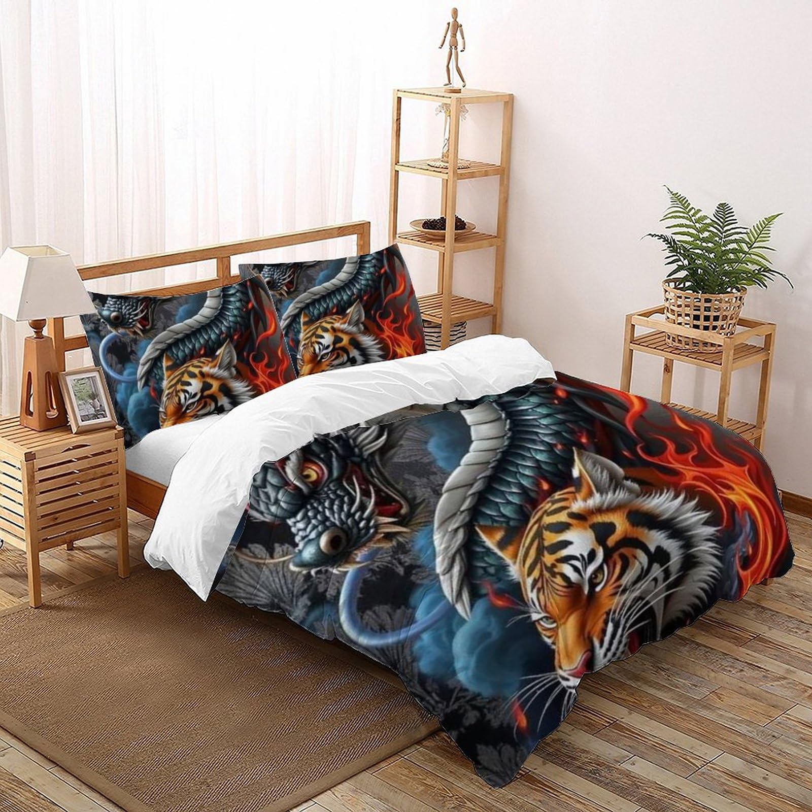 Housse de couette tigre et dragon 220x240 anti-plis pour lit king