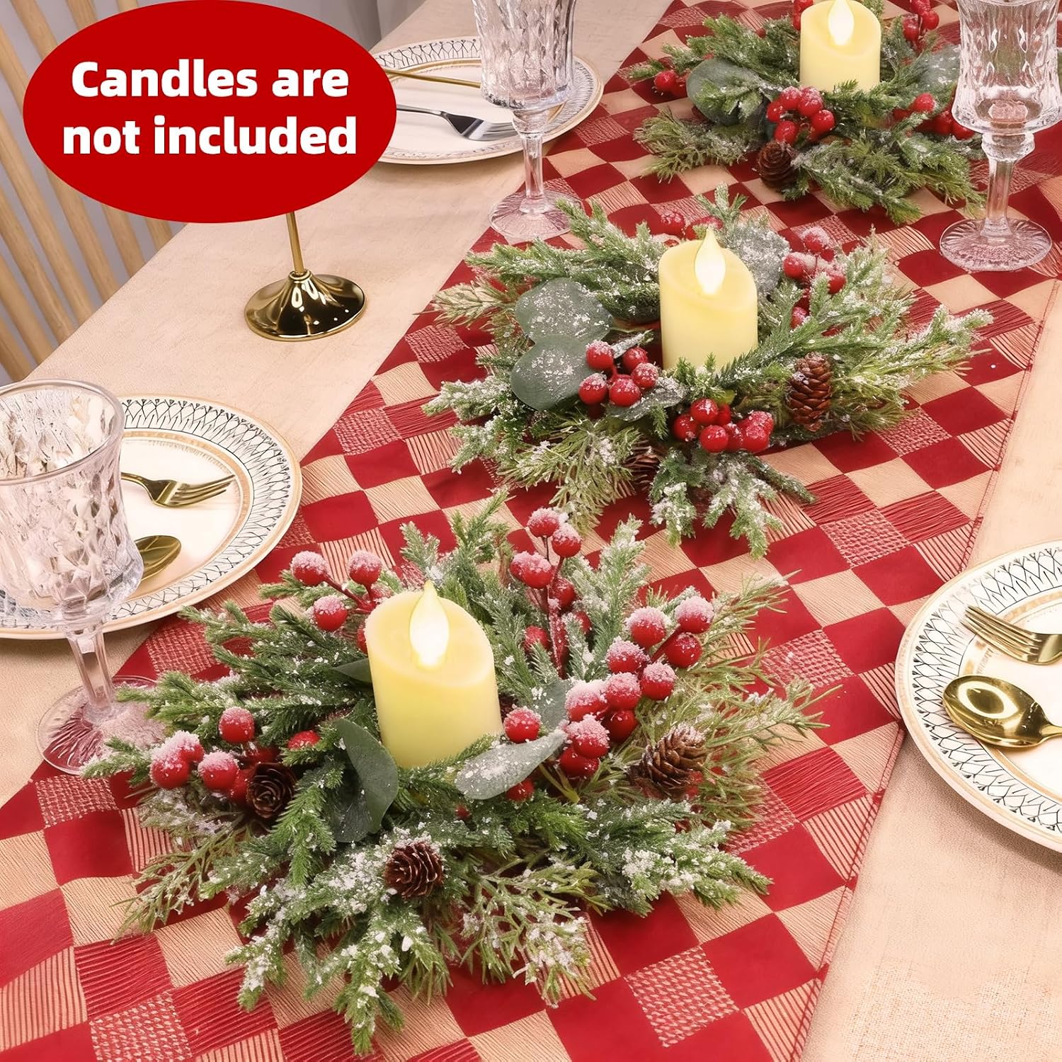 6Pcs Flocked Christmas Candle Rings Wreaths, 10"x3.5" Perfect PE Small Mini Christmas Wreath with Snowy Pinecones&Red Berries Cedar Eucalyptus Cypress Wreath Candle Holders for Table Centerpiece Decor