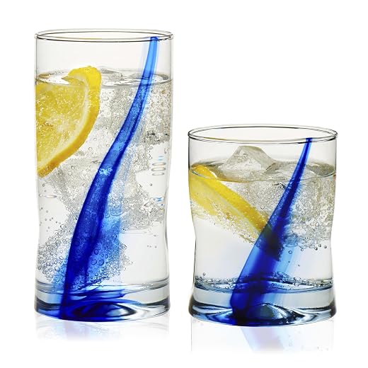 Libbey 99104 Blue Ribbon Tumbler and Rocks Glass Set, 16 Piece Drinkware Glasses Set, Clear Dishwasher Safe Rock and Tumbler Glasses Set
