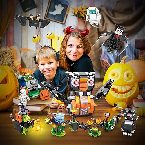 Miniatura 3 de ZYLEGEN Mini juguete de construcción 15 en 1 de Halloween para niños, calabaza, bruja, fantasma, búho, araña, esqueleto, bloques de construcción,