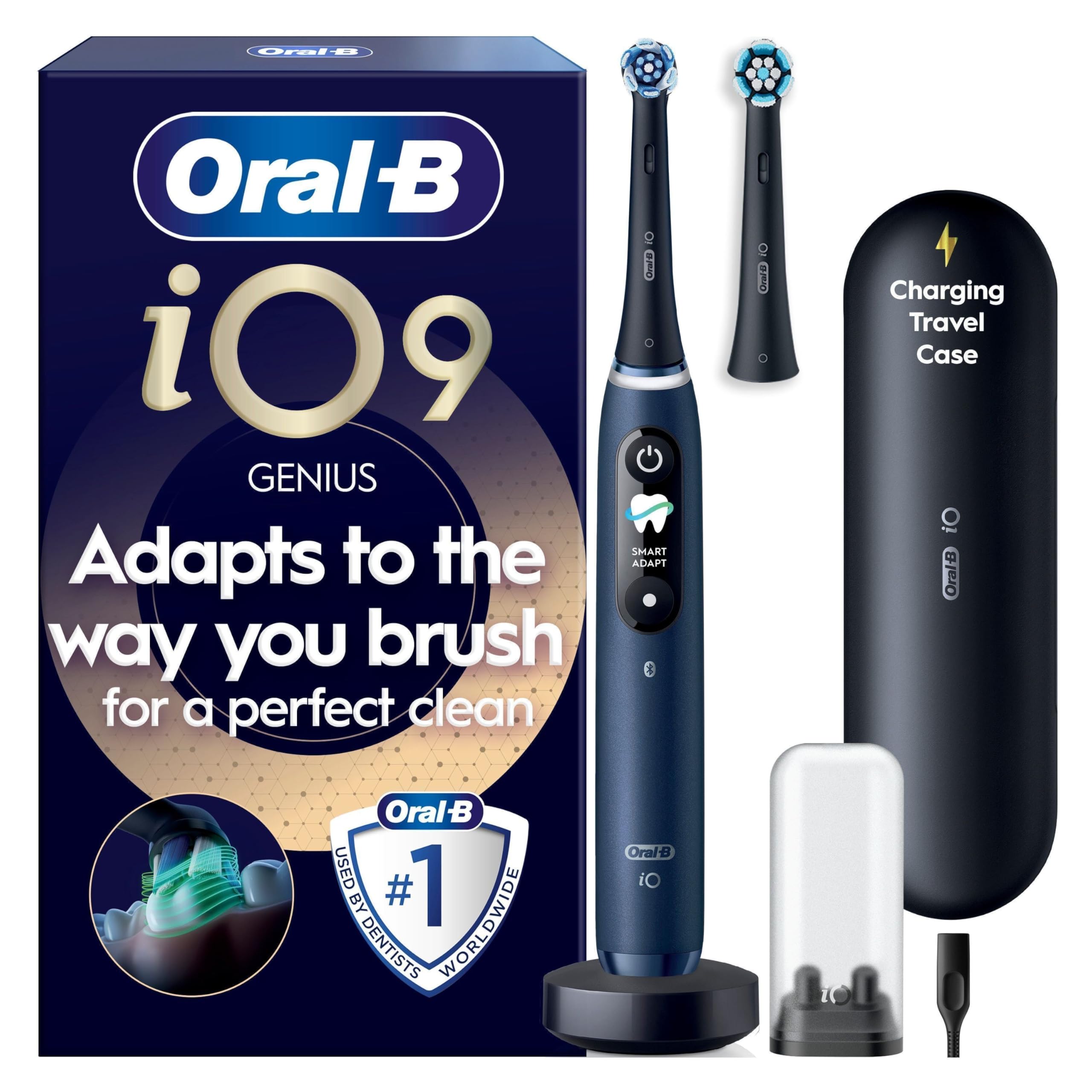 Oral-B iO9 Genius cepillo de dientes eléctrico en azul con bolsa de viaje recargable, pantalla interactiva, ajuste automático y sensor de encías