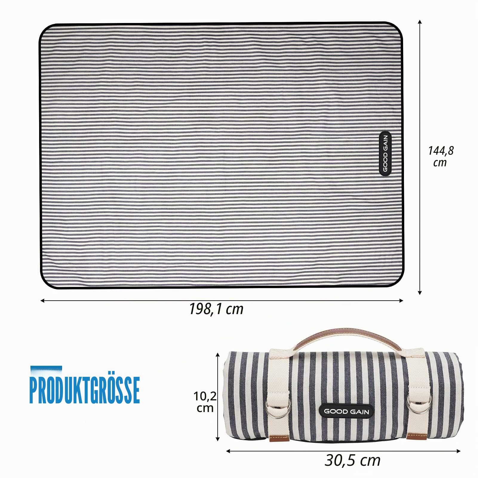 G Good GAIN wasserdichte und tragbare Picknickdecke mit Tragegurt, Strand- oder Familien-Campingmatte, extra große Faltbare Picknickmatte, sanddicht zum Wandern, 145 x 200 cm