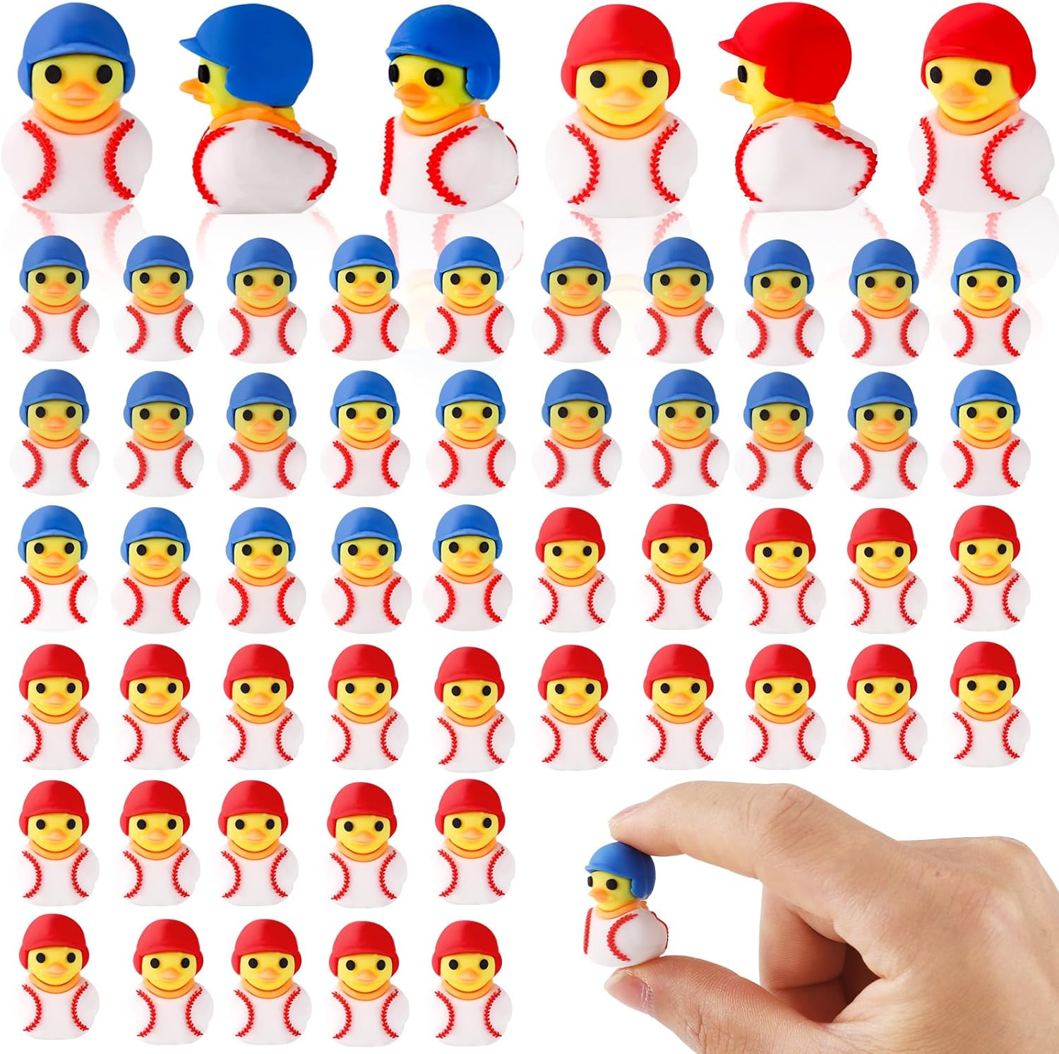 50pcs Miniature Baseball Ducks, PVC Funny Small Baseball Player Ducks Mini Tiny Cute Toys Decorations Practical Ornament Accessories for Micro Landscape Garden Party (Red, Blue)