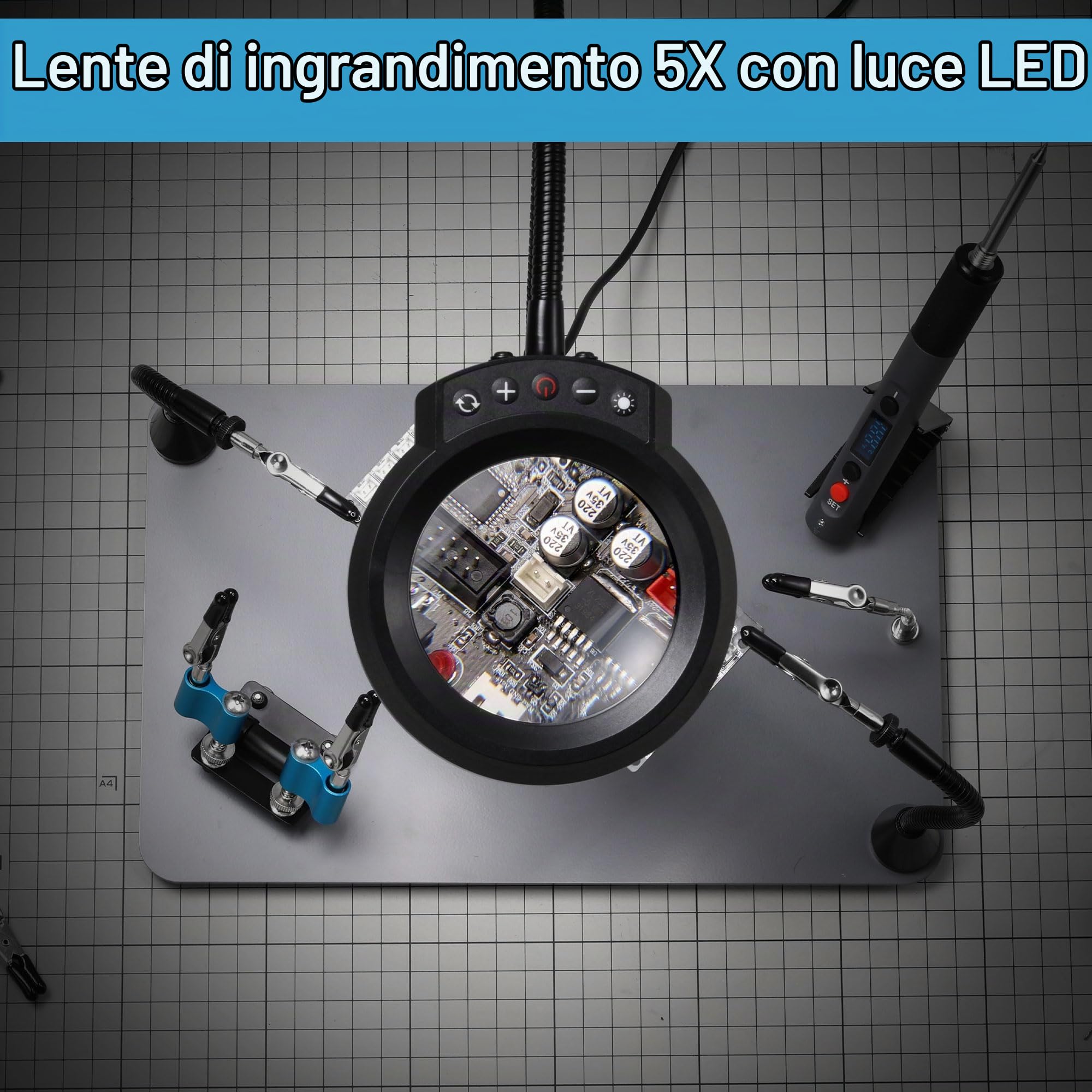 Sainsmart Supporto per saldatura PCBH v2, Stazione di saldatura magnetica, nuovo saldatore e mini porta clip, ingrandimento 5x LED integrato, 6 bracci a collo d'oca regolabili