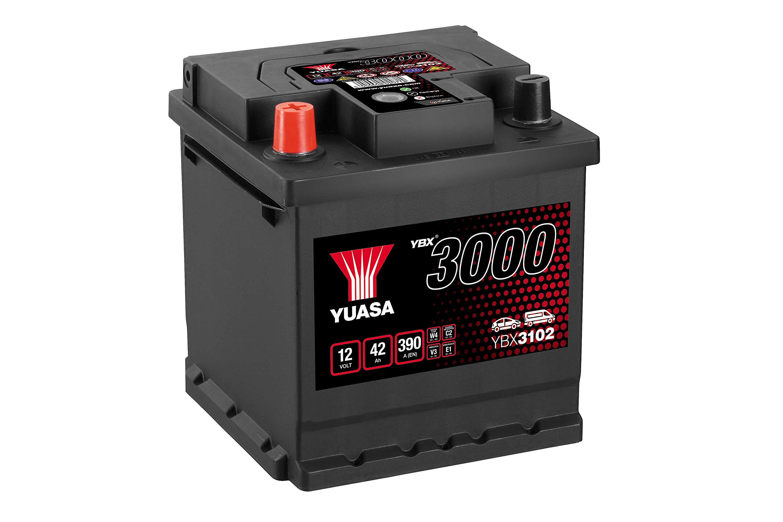 YUASA Batterie 42, Ah 390, A/EN YBX3102 L 175mm B 175mm H 190mm Compatible avec SKODA Octavia III 3/5 portes 5E3, NL3, NR3, SUZUKI Vitara SUV ET, TA, TD, MICROCAR M.Go 3/5 portes
