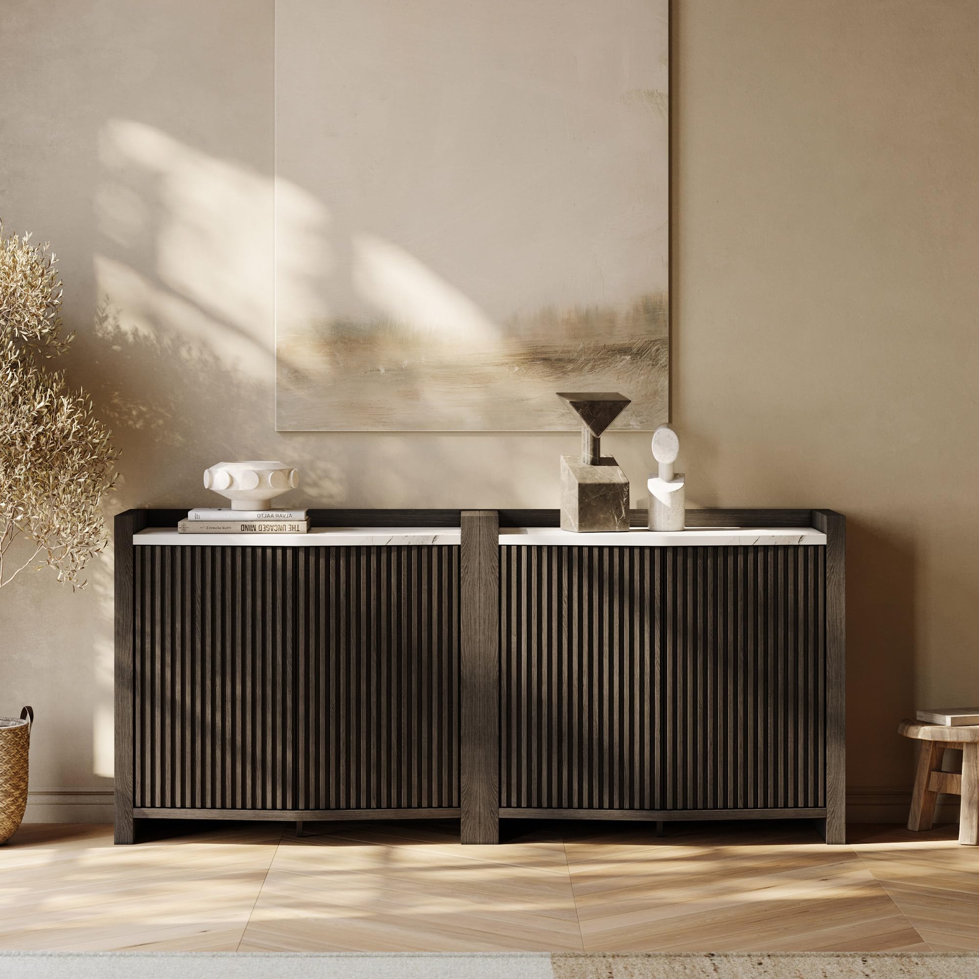 BELLEZE Set of 2 Modular Sideboard Buffet Cabinet with Storage,70 Inch Modern Credenza with Adjustable Shelves, Fluted Black Console Table with Faux