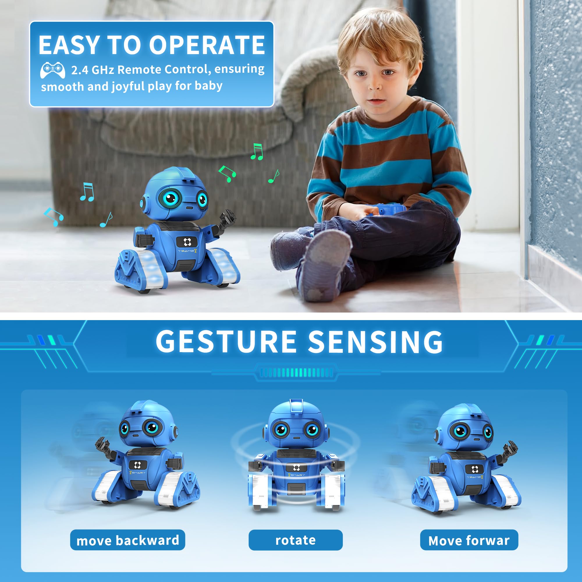 Roboter Spielzeug für Kinder – Wiederaufladbar, LED-Augen und Musik, RC-Roboter mit Gestensensor für ab 3 4 5 6 7 8 9 10 Jahre Jungen Geschenk （Blau）