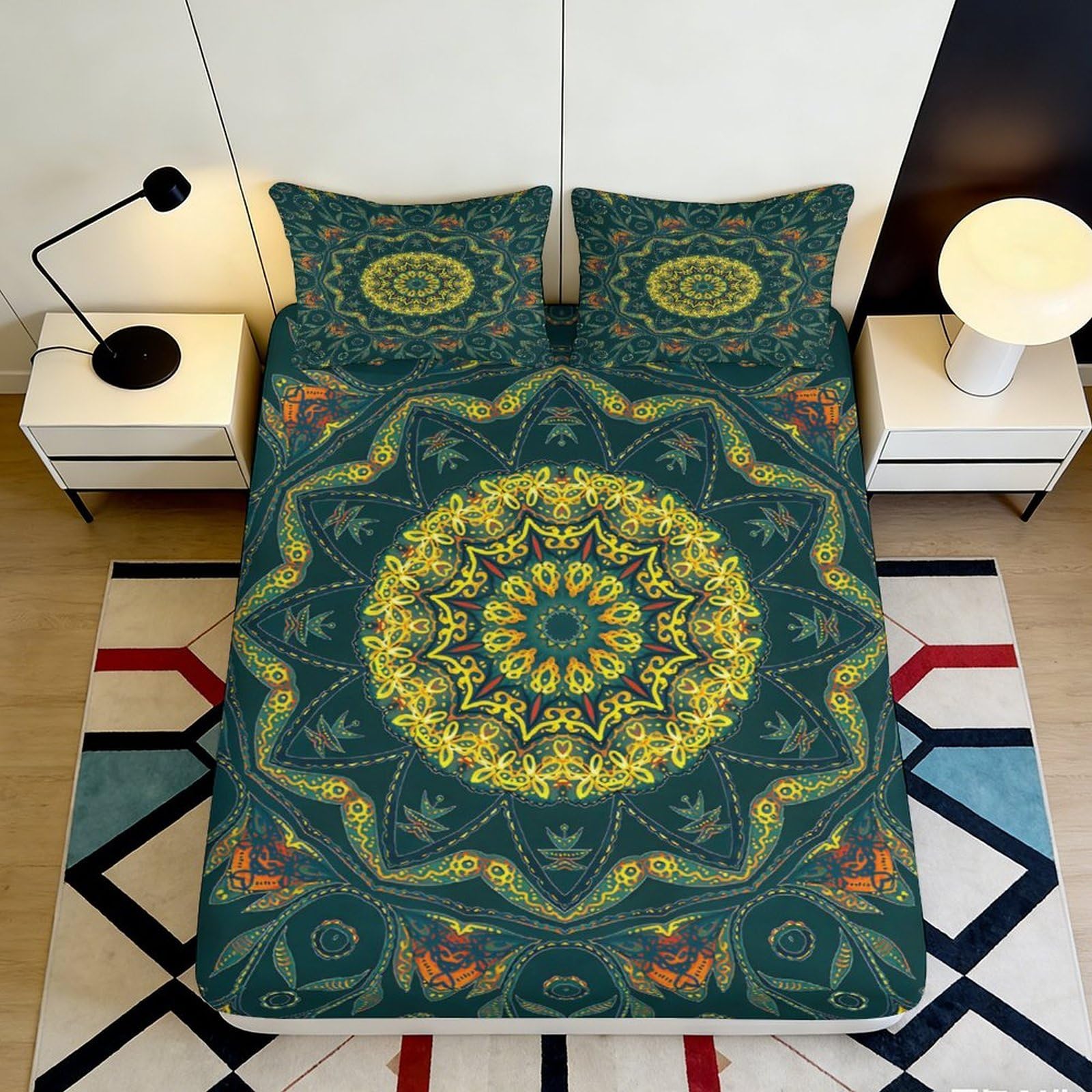 3D Printed Mandala Geometric Fitted Sheet Microfiber Anti-Slip Abstract Art Mattress Cover for Bedroom Dorm Easy Care 90x200x25cm