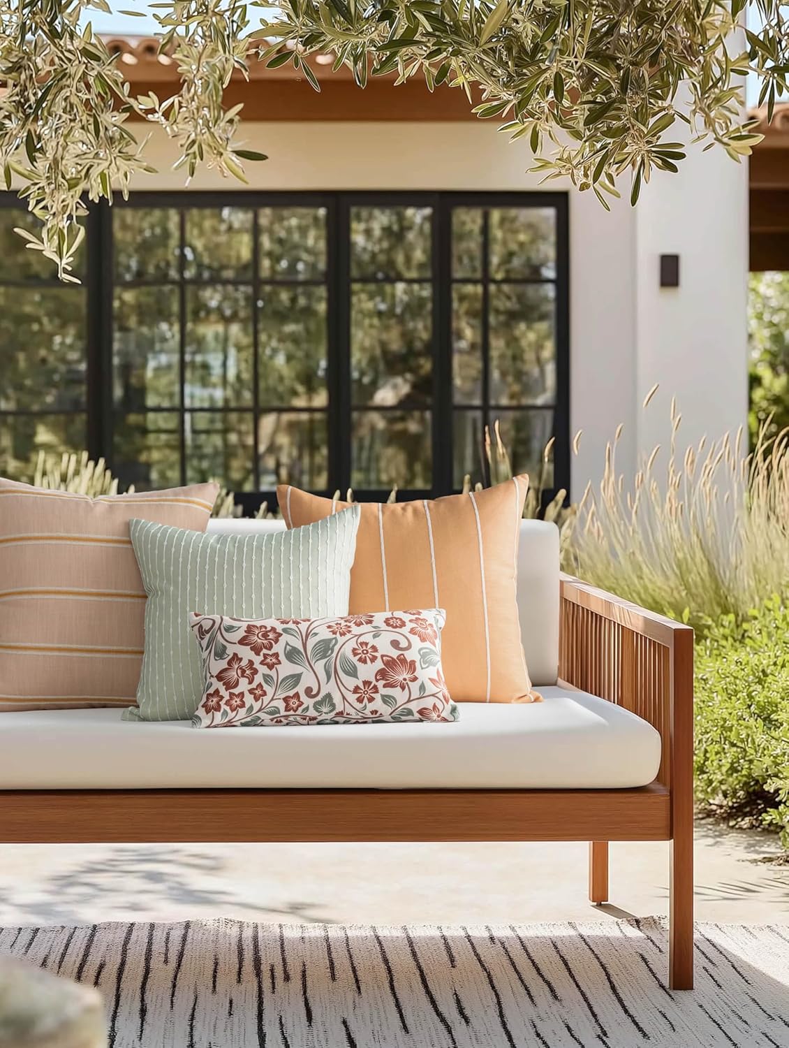 Crumbs Home Modern Farmhouse Fall Linen Indoor Outdoor Throw Pillow Cover Only, 20"x20" Water Repellent for Patio, Backyard, Couch, Light Green Embroidered Stripes