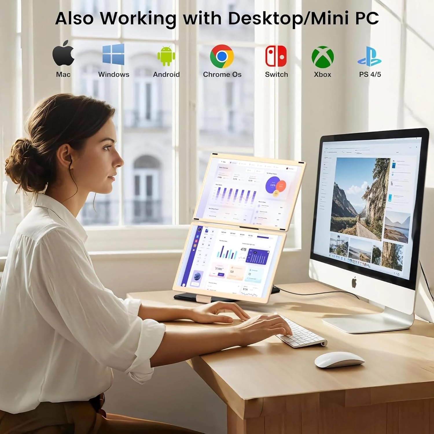 Image illustrating different setup styles for the TUTT S6 monitor, including single screen stand, sleeve stand, and right stand movable arm configurations.