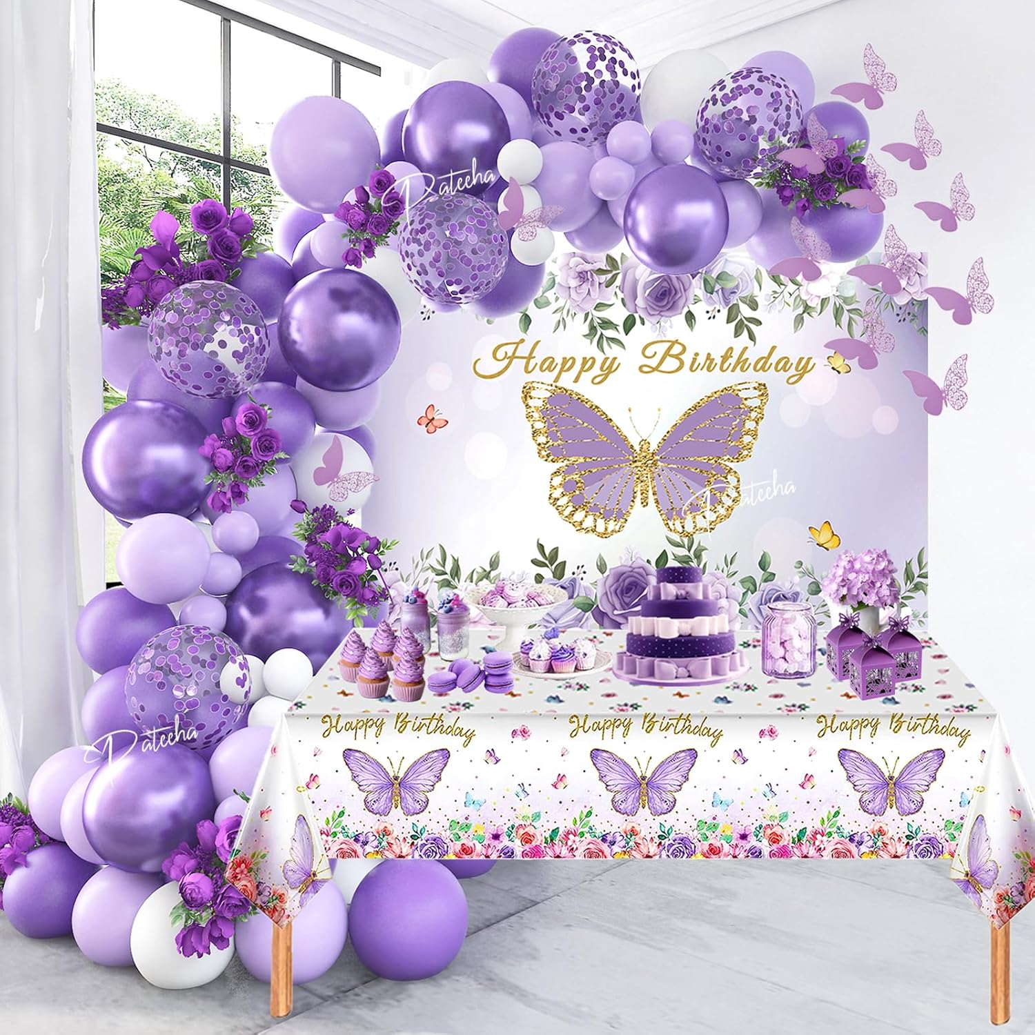 Pateeha Butterfly Birthday Decorations for Girls 8-10Ft Purple Balloon Garland Arch Kit with Butterfly Backdrop, Tablecloth, Latex Balloons 3D Butterfly for Purple Baby Shower Decorations