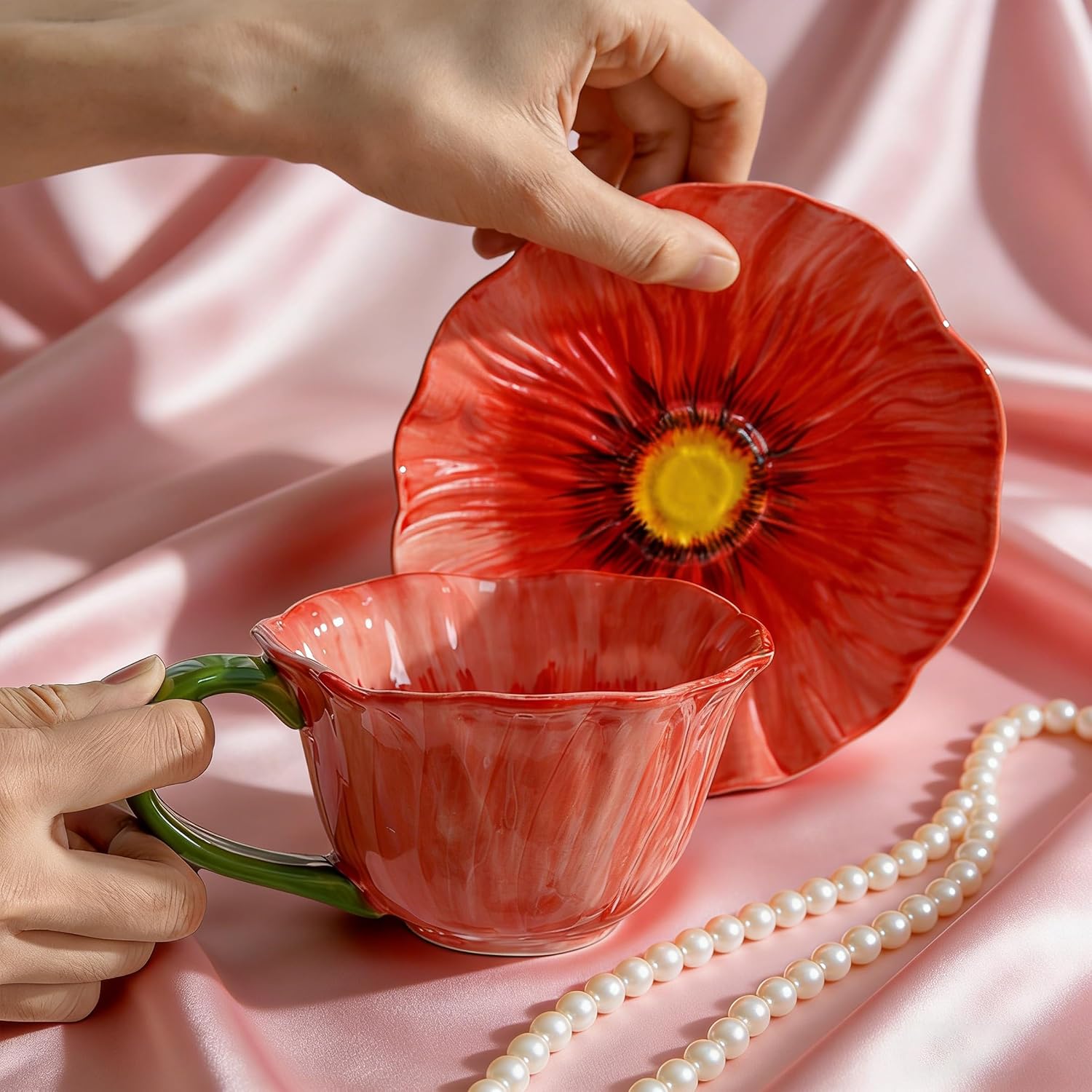 Coral Red Ceramic Flower Coffee Cup with Saucer, 10 Oz, Peony Floral Design, Dishwasher Safe, for Coffee, Tea, Dessert