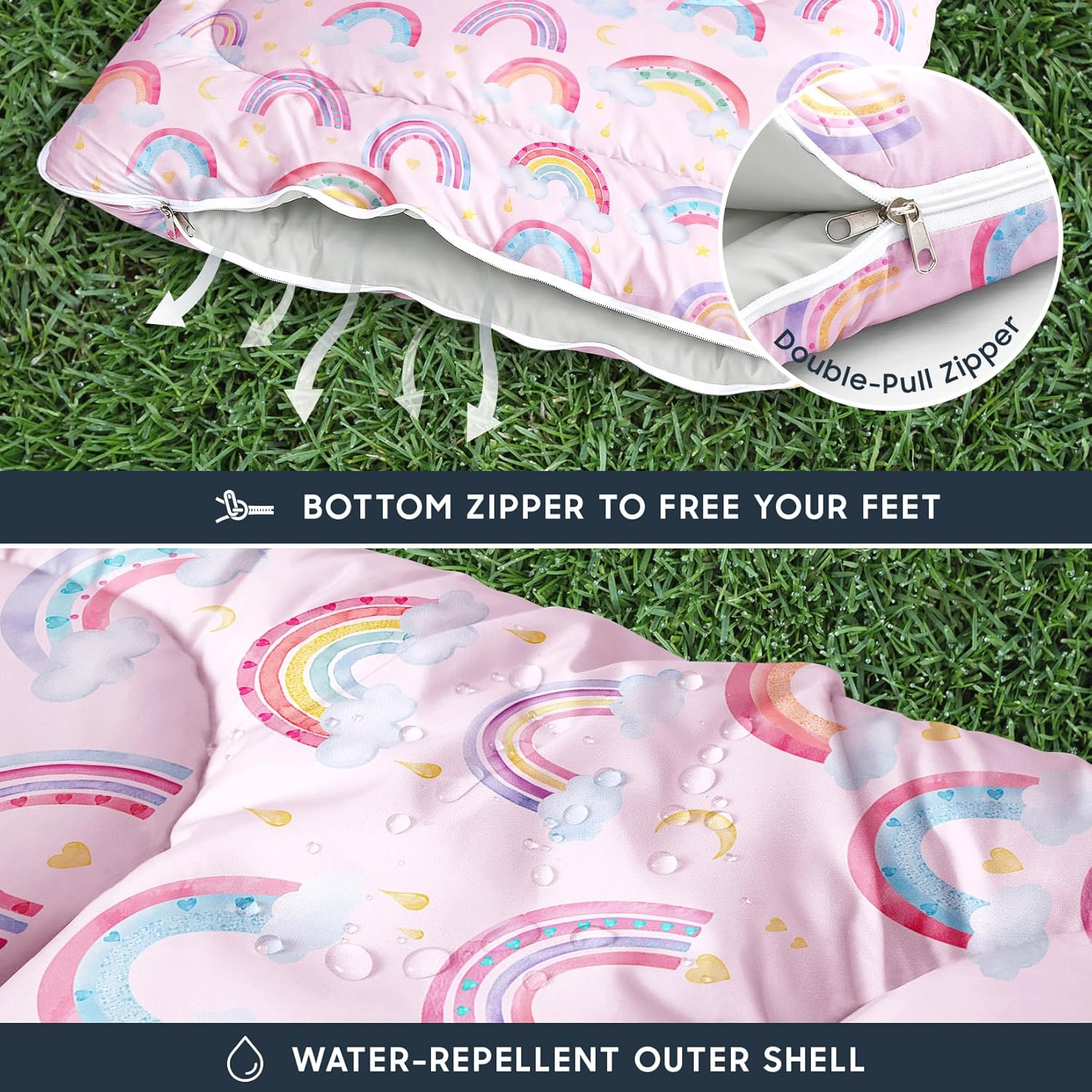Wake In Cloud - Kids Sleeping Bag for Girls Toddlers, Camping in Warm Cold Weather, Backpacking Lightweight Compact Outdoor Liner for 3 Seasons, Rainbow Clouds