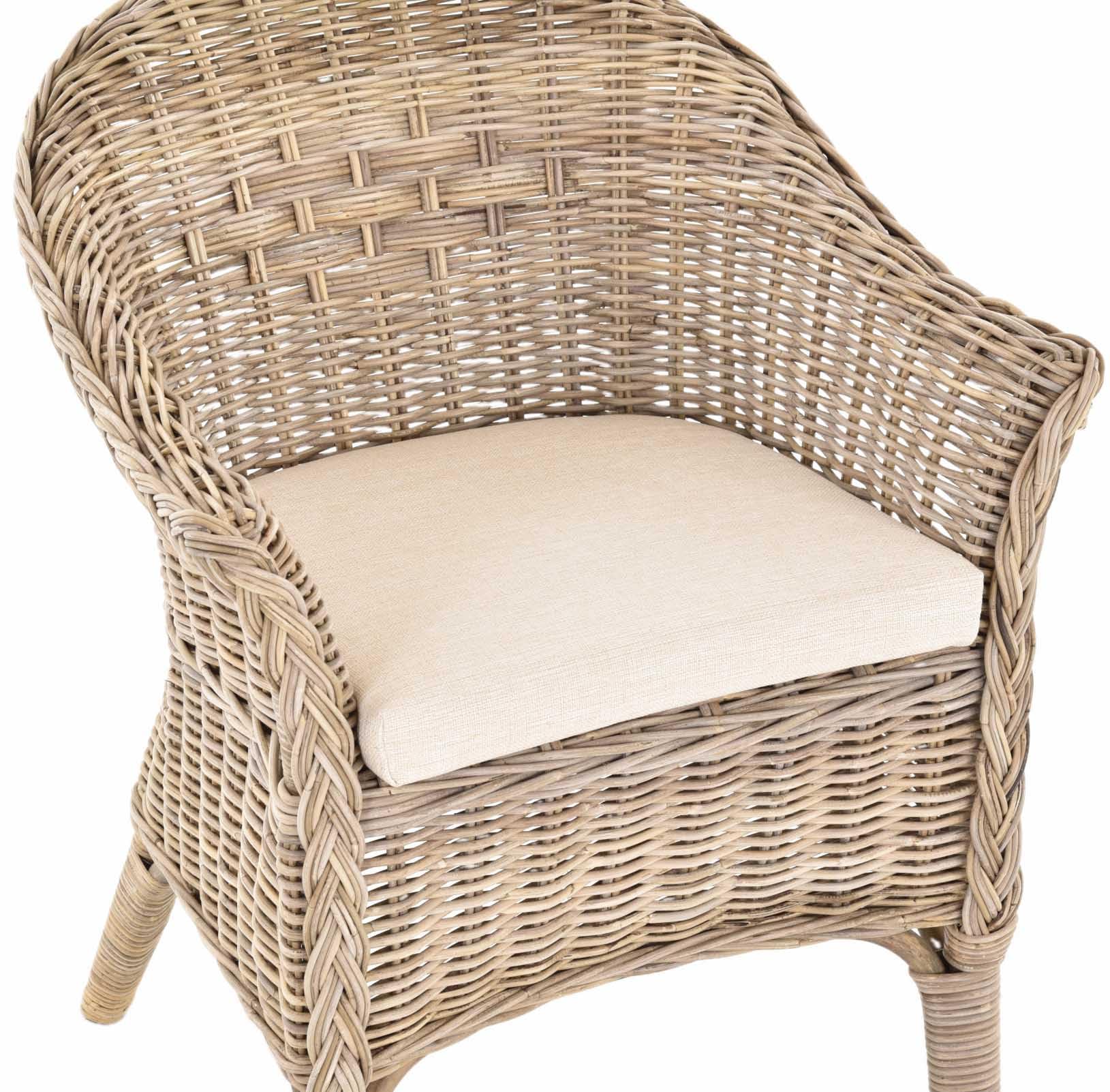 Fotel rattanowy naturalny/fotel do jadalni, kosz z tapicerką, beżowy/rattanowy, krzesło rattanowe z podłokietnikami, fotel pleciony (z tapicerką, szary, naturalny)
