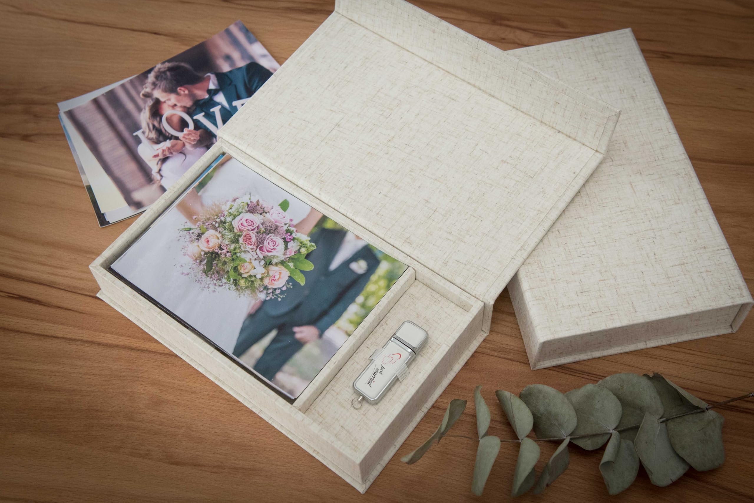 Scatola porta USB per matrimonio, con scatola per foto, 13 x 18 cm, tessuto di lino, colore naturale