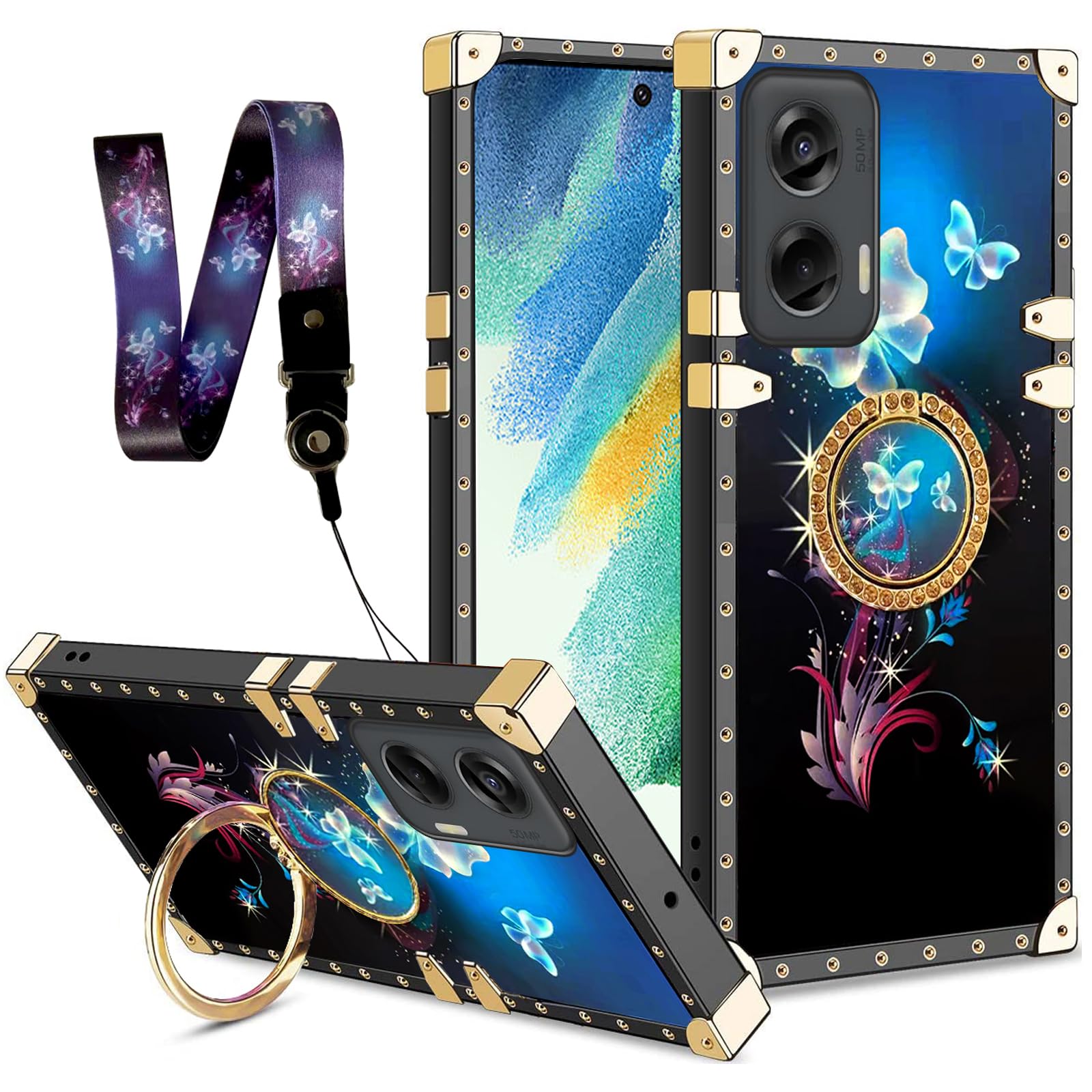 for Motorola Moto G Stylus 5G 2024 Case Girls Women Butterfly Black Fantasy Case with Ring Kickstand Lanyard Drop Protector Cover for Motorola G