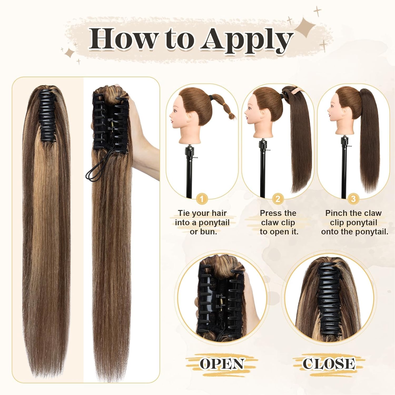 Human Hair Ponytail Extension with Claw Clip, Natural Look, Soft, Ideal for Dates, Weddings, Parties, Gifts - 18 inches, 113g, Medium Brown Mix Dark Blonde