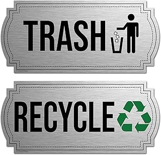 Recycle and Trash Magnets for Kitchen Trash Cans and Recycling Bins, Trash and Recycle Magnet Combo for Garbage Can Logo Symbol, 2 Magnetic Sticker Adhesives, 6.5 x 3 Inch Elegant Design, In-Home or Outdoor Waste Bin