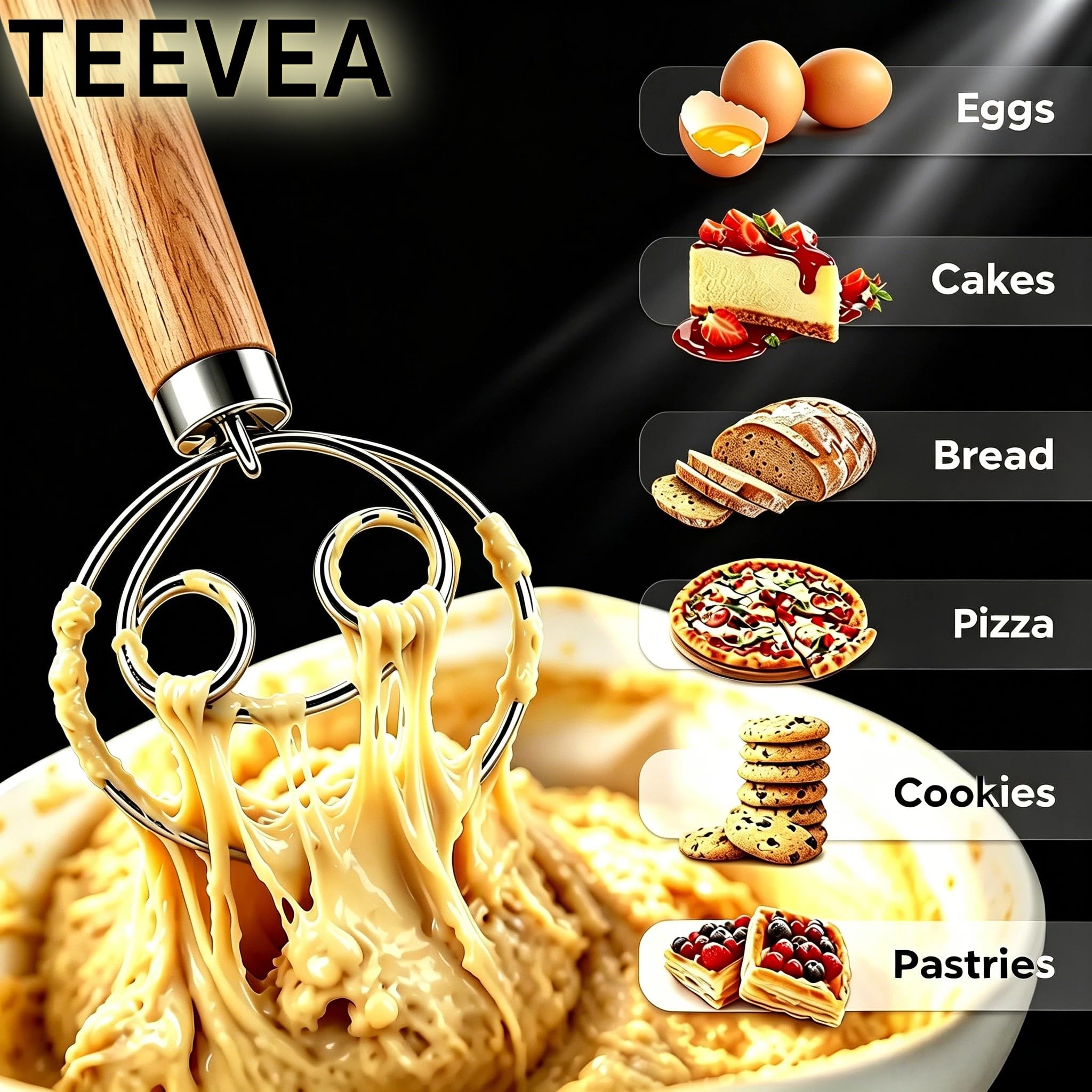 TEEVEA Danish Dough Whisk Stainless Steel Wooden Handle for Sourdough Bread Product Image 2