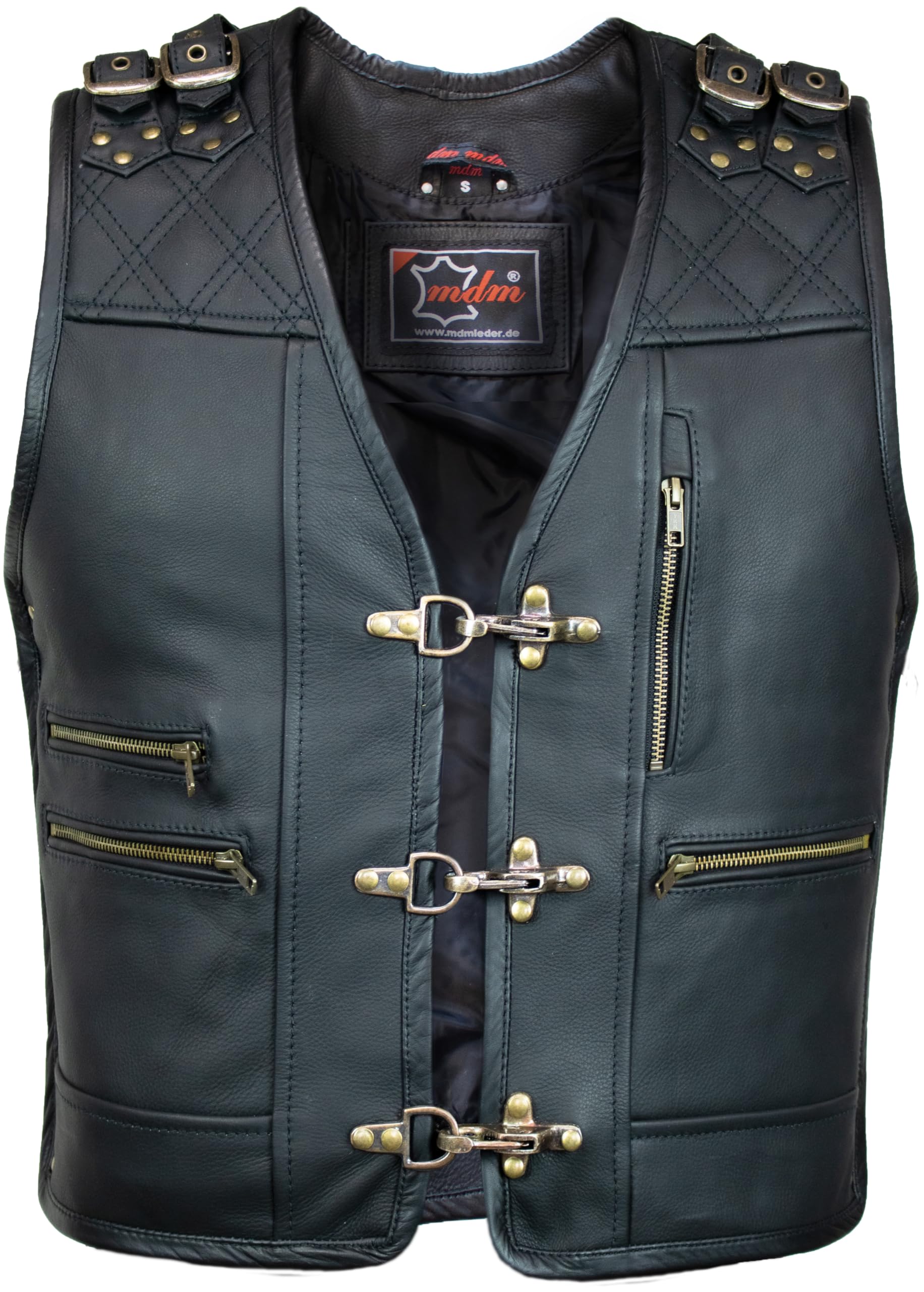 Gilet Moto Uomo In Vera Pelle Nera - Gilet Pelle Uomo Biker Con 3 Chiusure A Gancio, 6 Tasche, Spalle Trapuntate, Fibbie Regolabili, Laterali Espandibili - Smanicato Moto O Giacca Biker Senza Maniche
