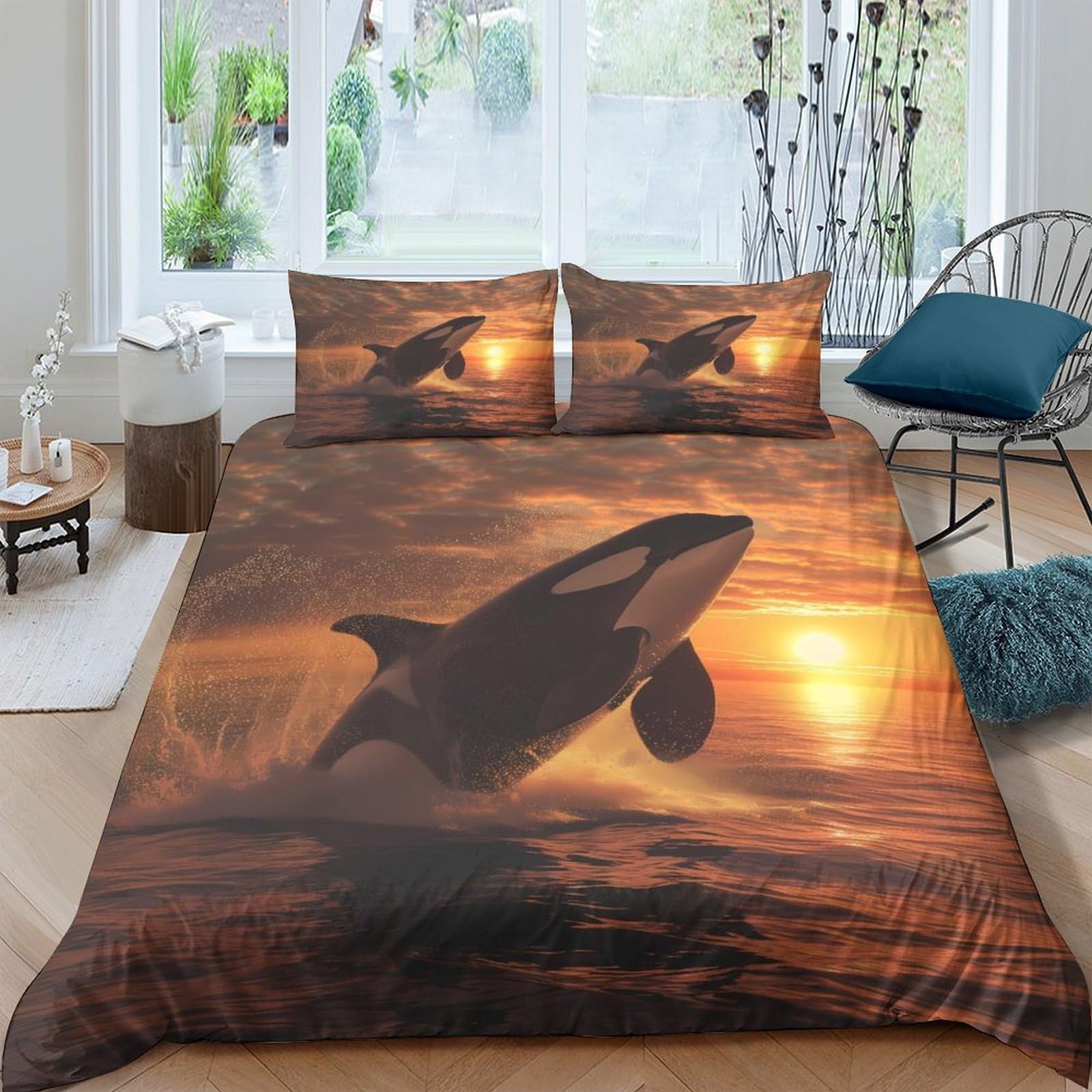 Ctjqhvkz Style-5 3D Printed Sunset Ocean Fitted Sheet Microfiber Soft Breathable Orca Mattress Cover Bedroom Decor Single（135X200cm）