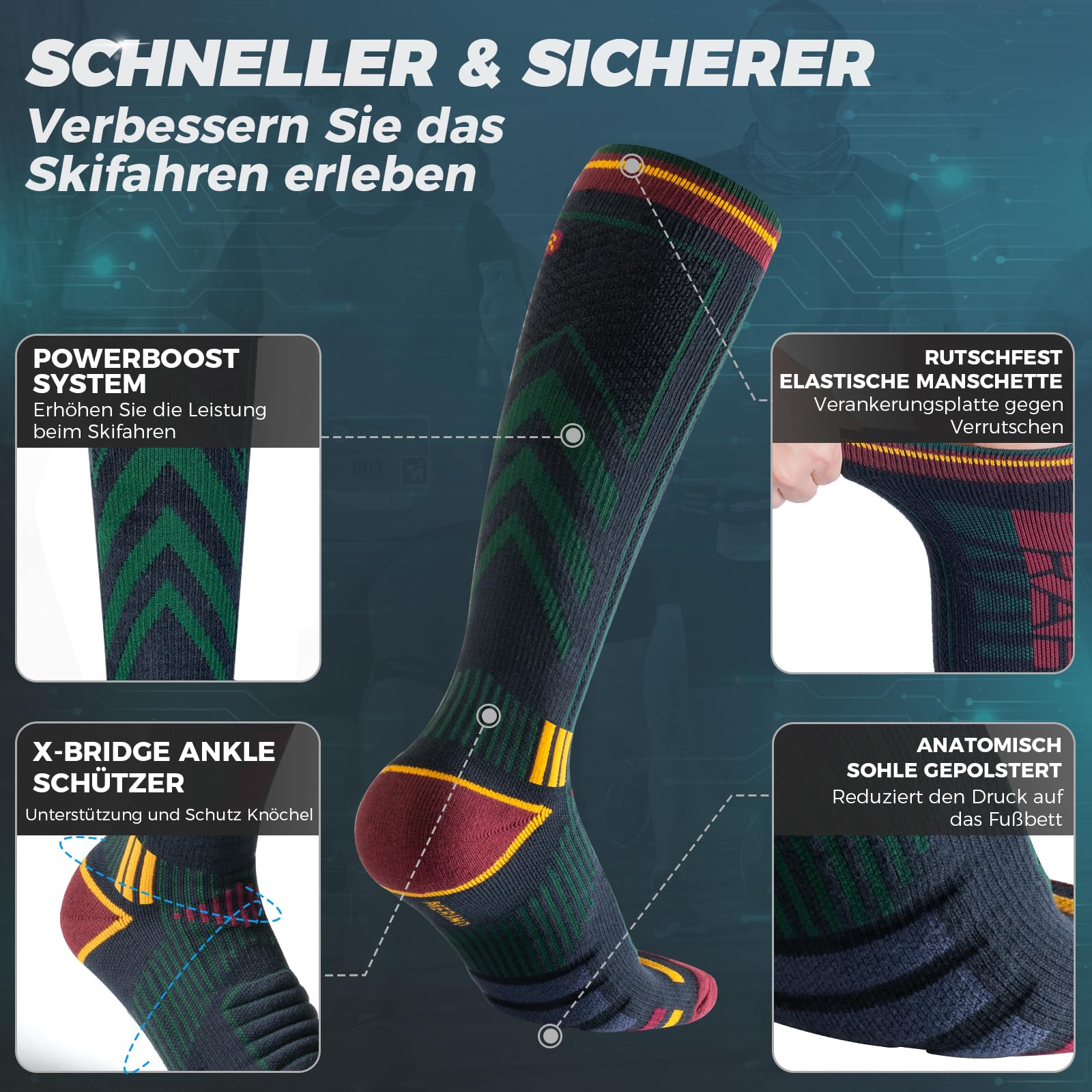 Lana Merino Termiche Calzini Sci Uomo 43-46, Tieniti al Caldo, Traspiranti, Ad Asciugatura Rapida, Compressione Snowboard Calze Sci Uomo (2 Paia)